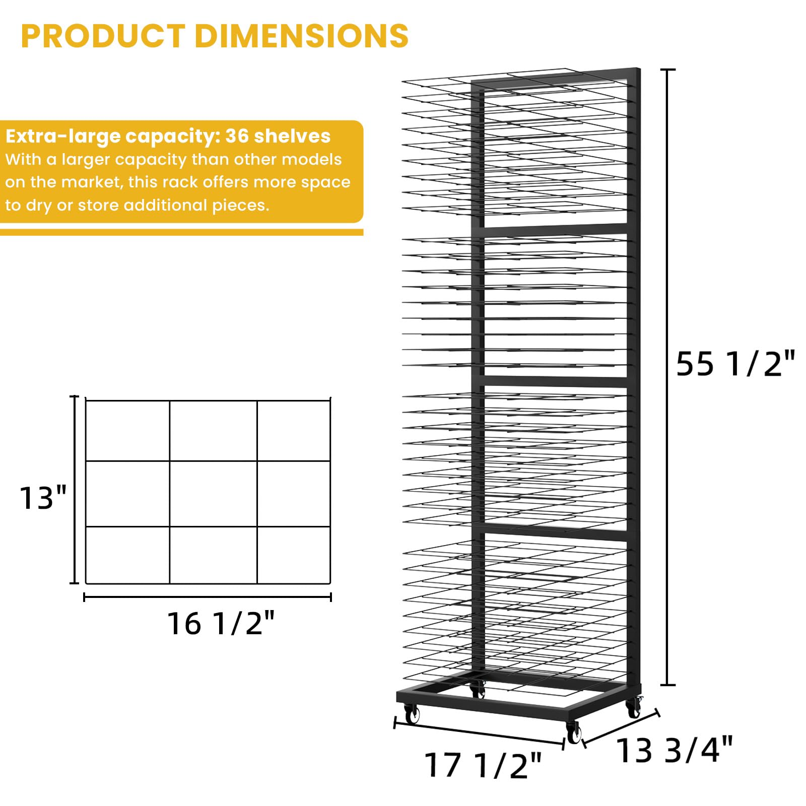 GARVIN 36-Shelf Metal Art Drying Rack with Removable Shelves | Heavy-Duty Rolling Cart for Classroom, Studio & Home | Space-Saving Paper Storage Organizer (13.75