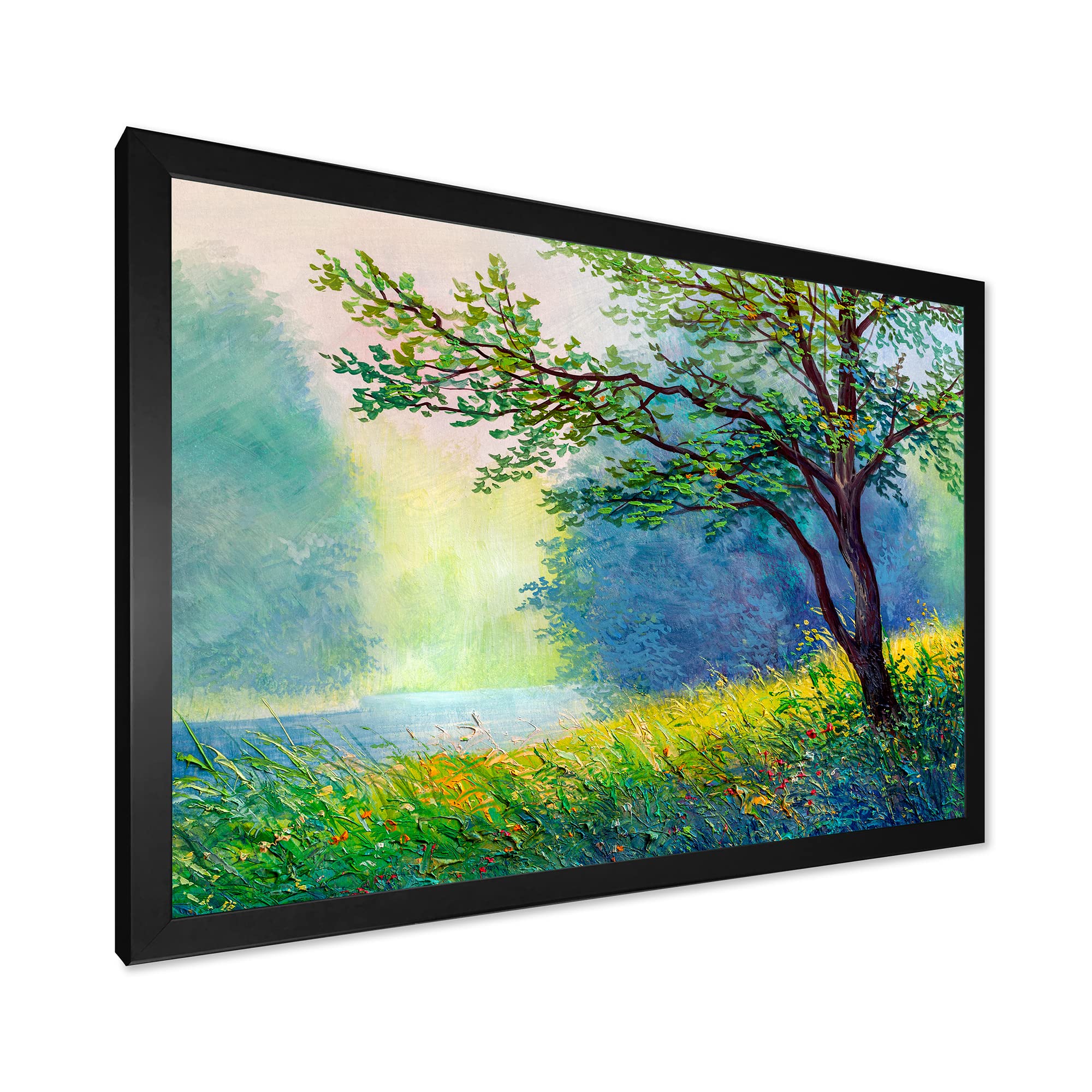 DesignQ Summer Forest With River and Waterfall Traditional Framed Wall Art - Nature Landscape Canvas Painting for Living Room, Bedroom & Office Decor