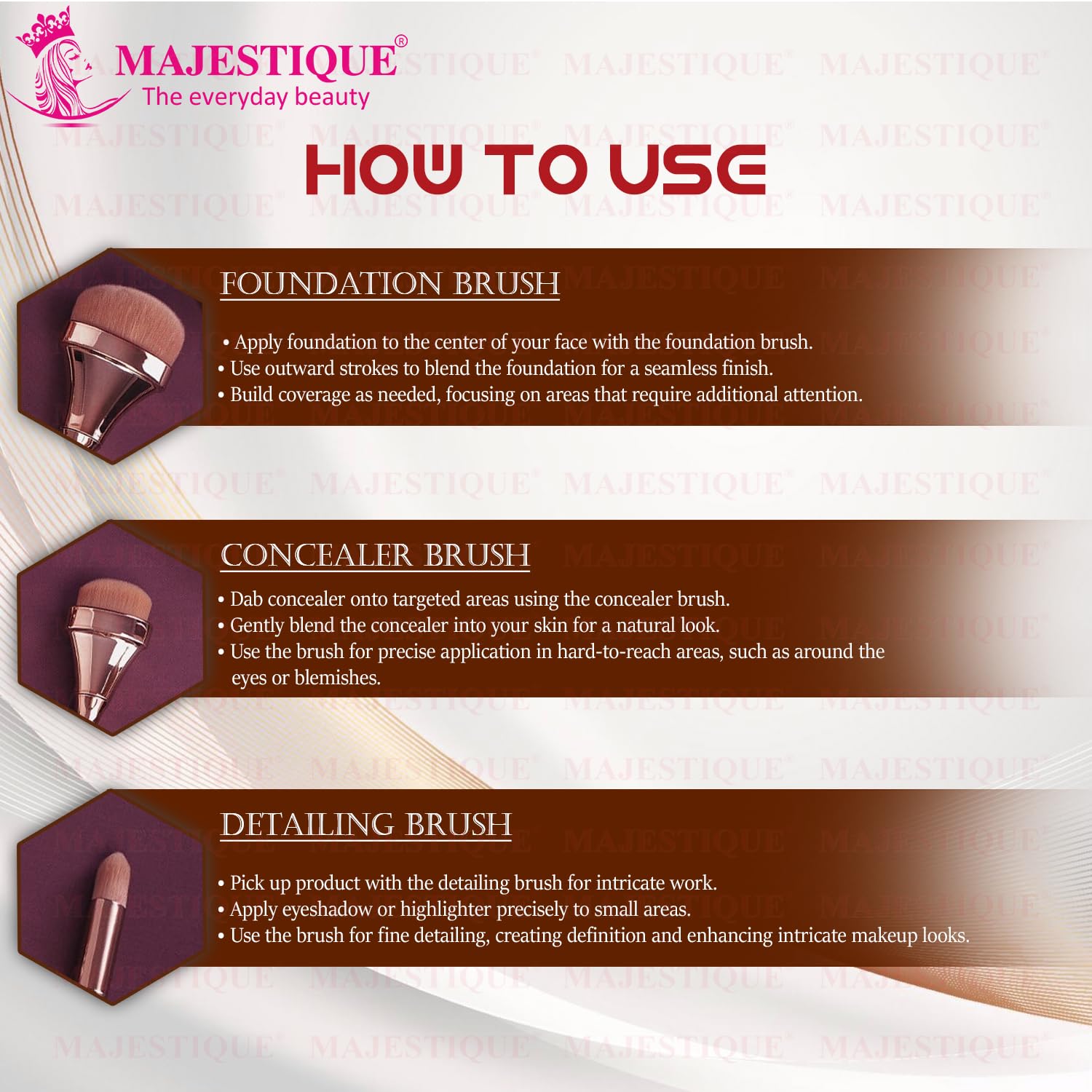 Majestique Foundation, Concealer & Multi-Use Makeup Brush Set - 3Pcs Professional Synthetic Brushes for Face, Cheek & Eye Makeup | Soft Silky HD Brushes for Flawless Coverage & Blending | Perfect for Daily Use, Photo Shoots & Special Occasions