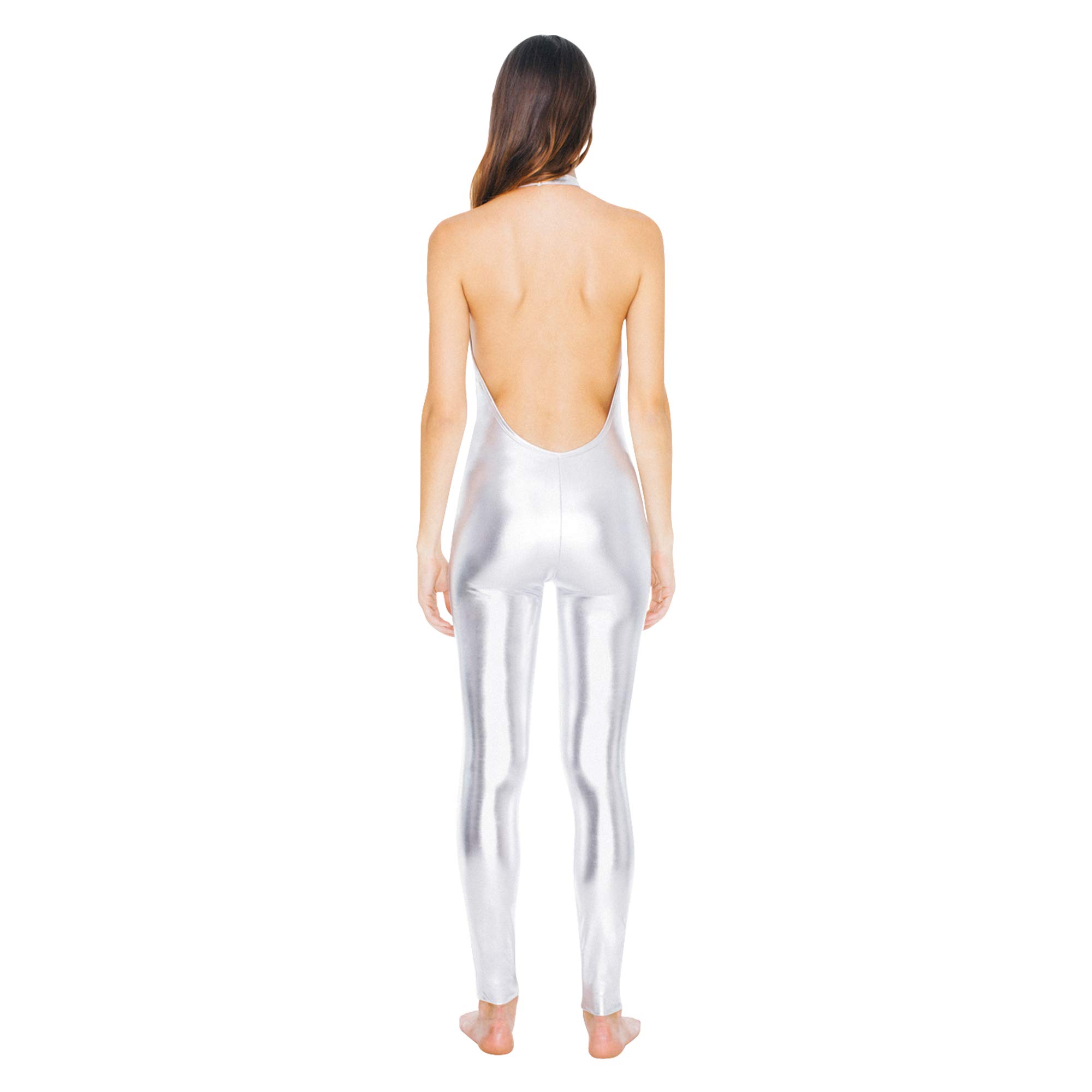 American Apparel Women's Metallic Halter Catsuit - Sexy Shiny Bodycon Jumpsuit for Clubwear, Cosplay & Night Out Outfits
