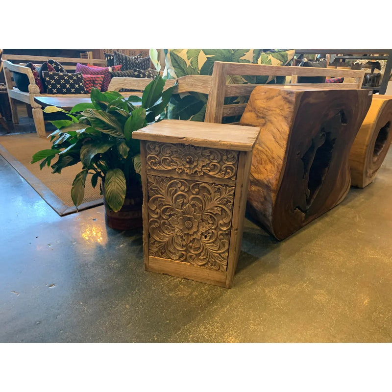 Hand Carved Solid Wood Bedside Table with Storage - 1 Door & 1 Drawer - Nightstand for Bedroom, Living Room, or Office - Rustic Wooden End Table with Ample Storage Space