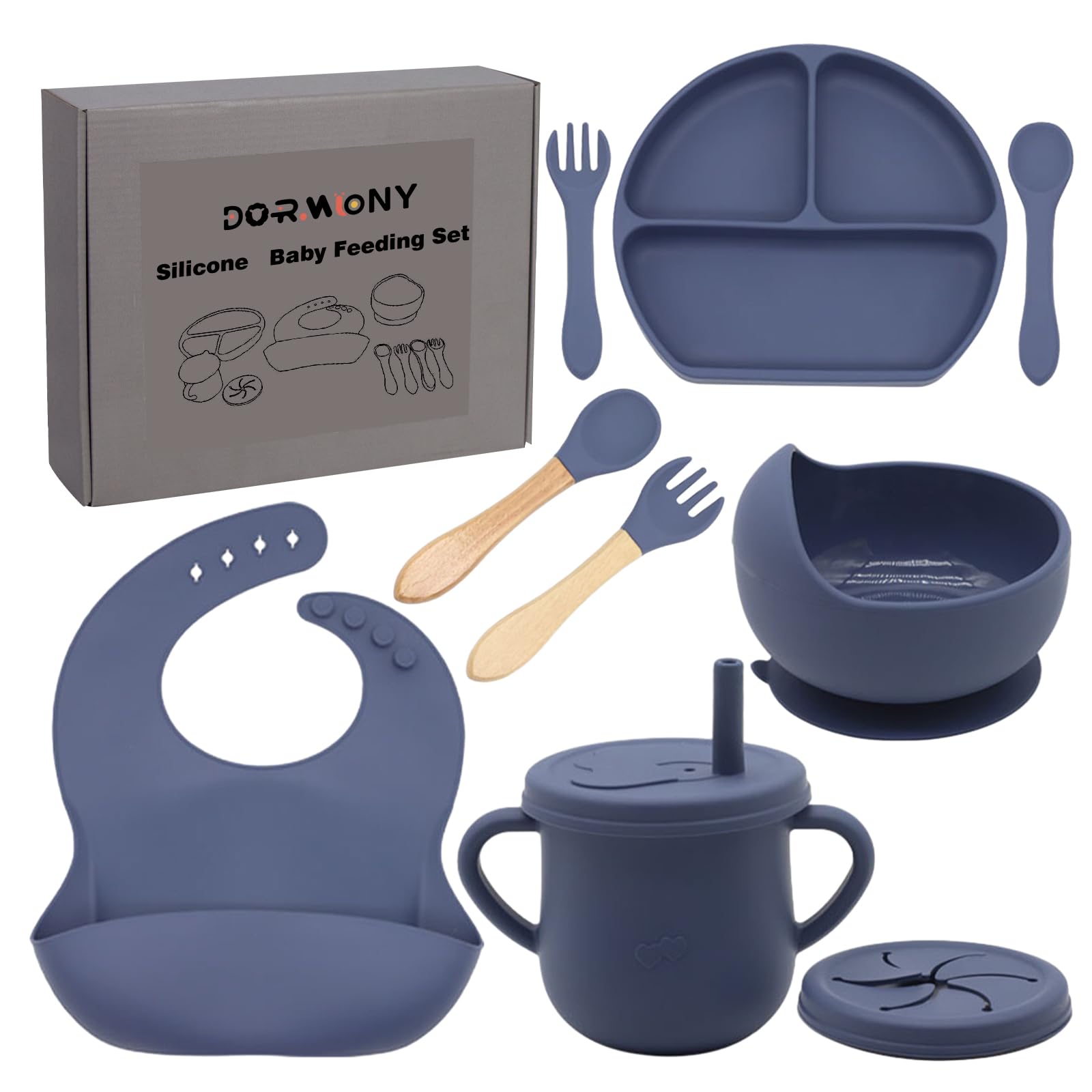 100% Silicone Baby Feeding Set - BPA Free Toddler Dish Set with Suction Bowl, Divided Plate, Spoons, Forks, Sippy Cup & Bib - Self Feeding Utensils for Babies & Kids (Navy Blue) - Perfect for Home, Travel & Daycare Use