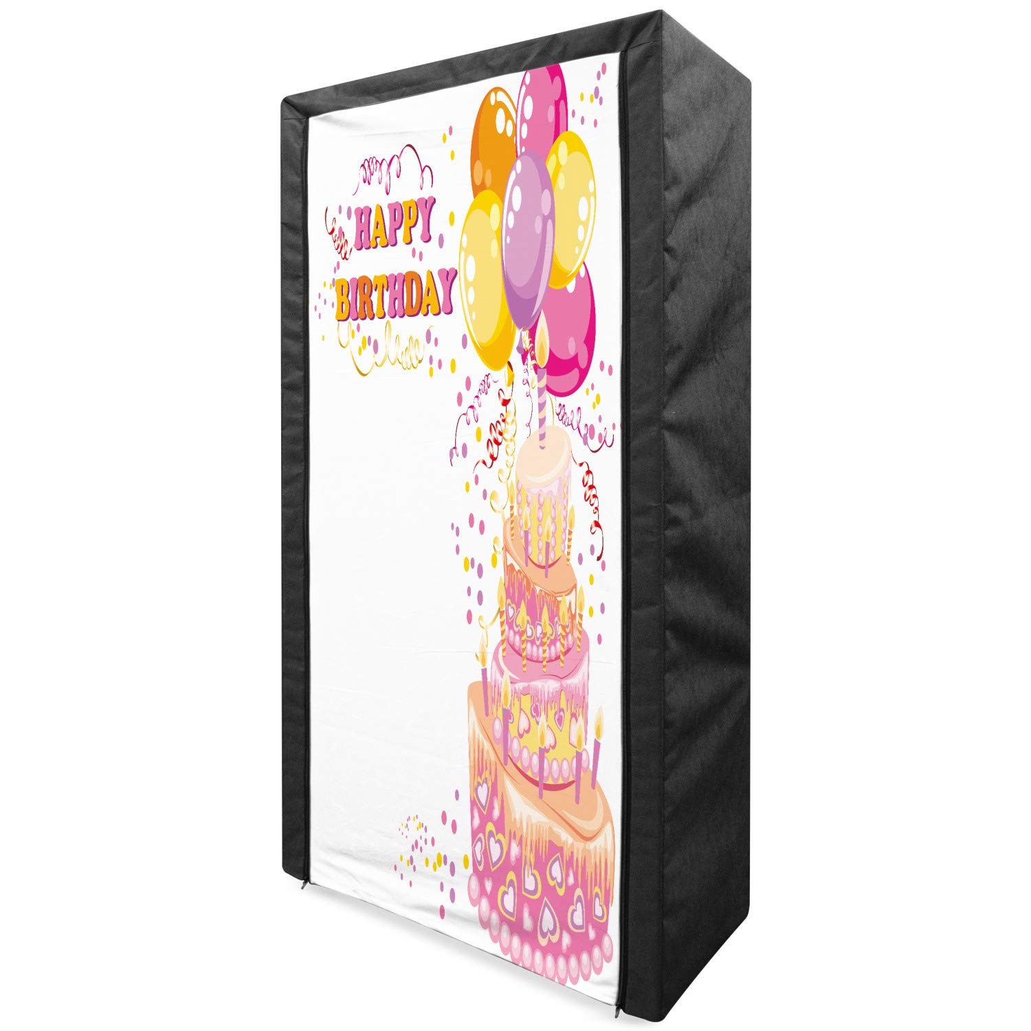 Ambesonne Birthday Party Portable Fabric Wardrobe - Girls Celebration Themed with Cake, Candles, Balloons & Hearts Print - 33.5