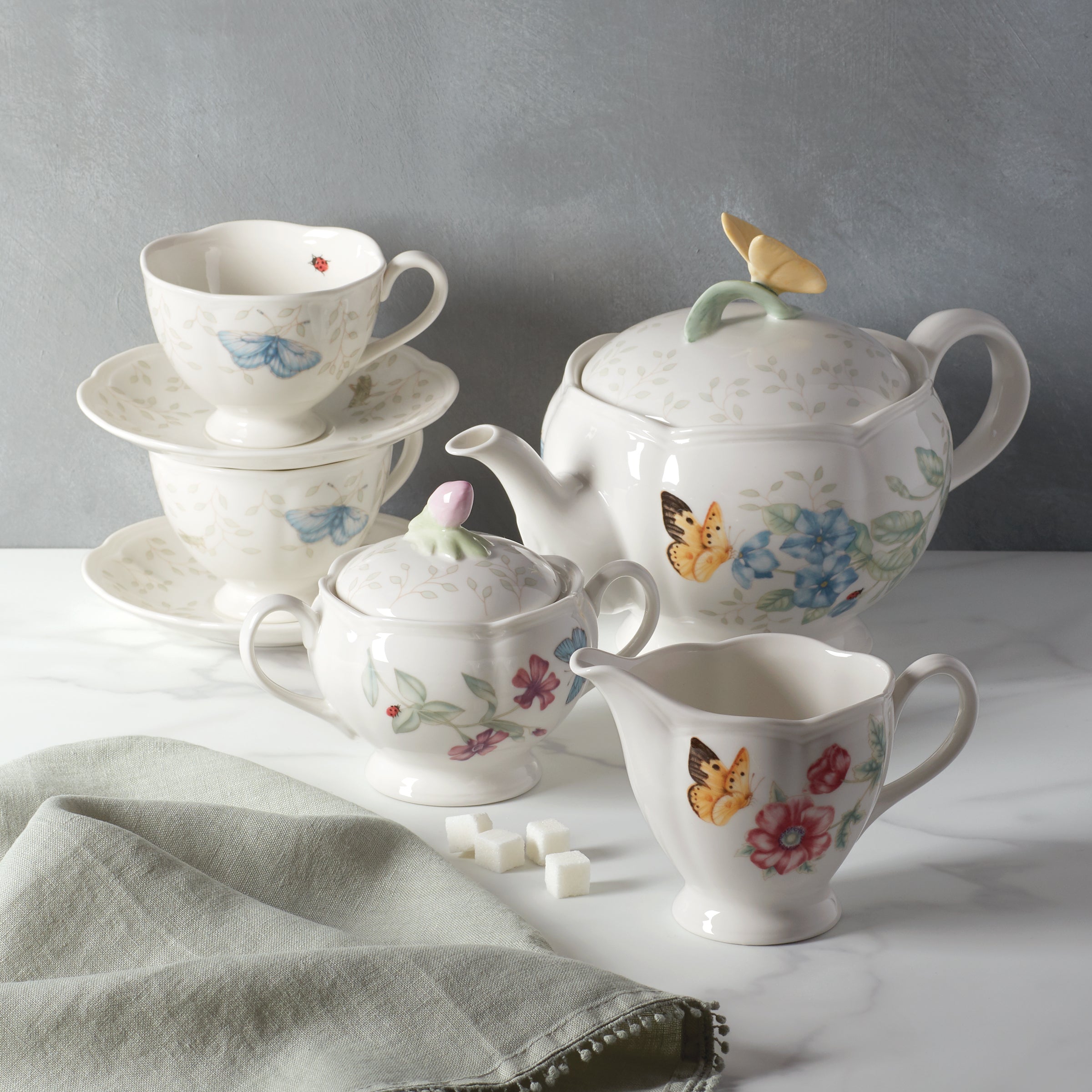 Butterfly Meadow 7-Piece Porcelain Tea Set with Teapot & Cups - Elegant Floral Tea Party Set for Afternoon Tea, Bridal Shower & Home Decor