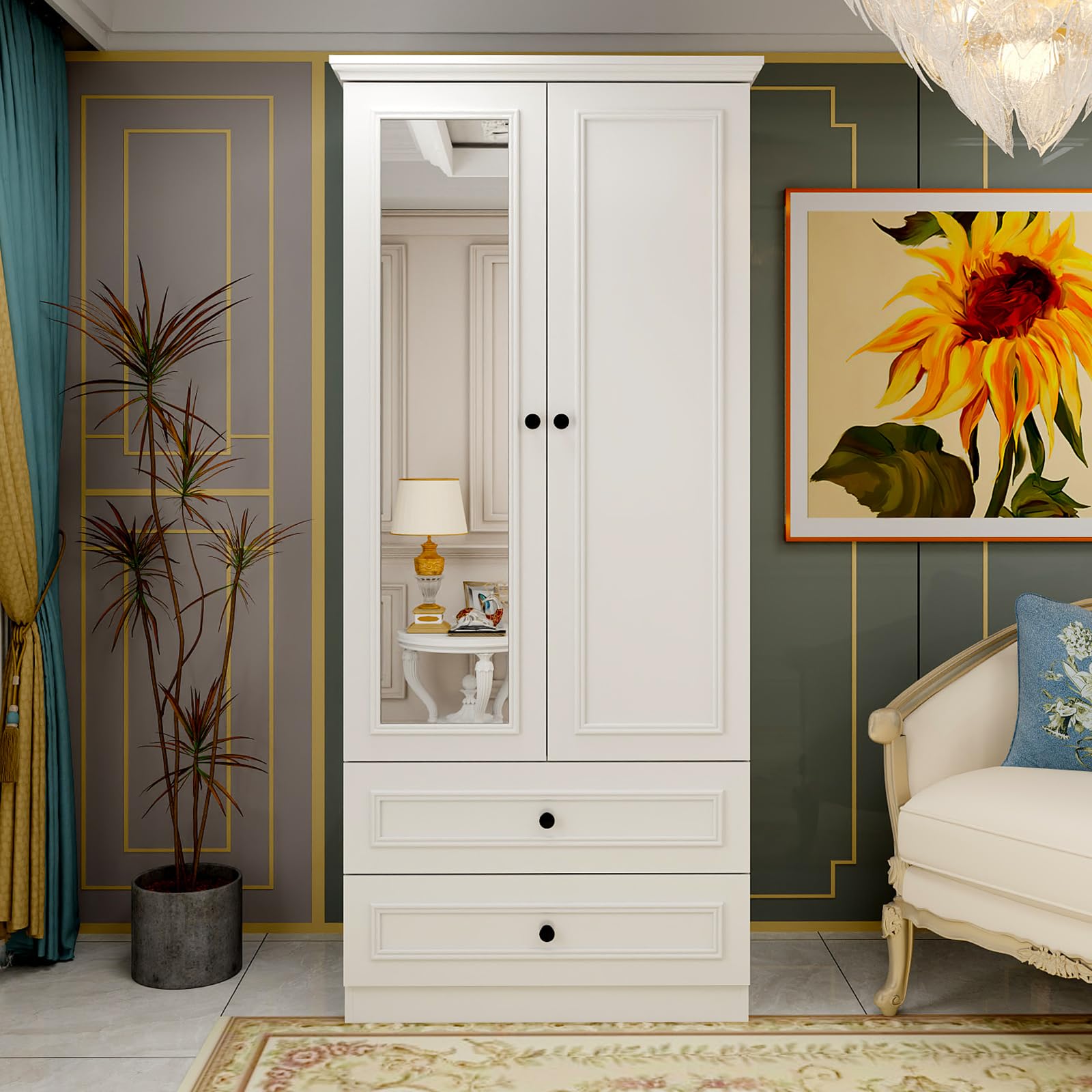 Modern White Wooden Armoire Wardrobe with Mirror Door - 2 Door Storage Cabinet with Hanging Rod for Bedroom Organization - Perfect for Clothes Storage, Bedroom Decor & Small Space Solutions