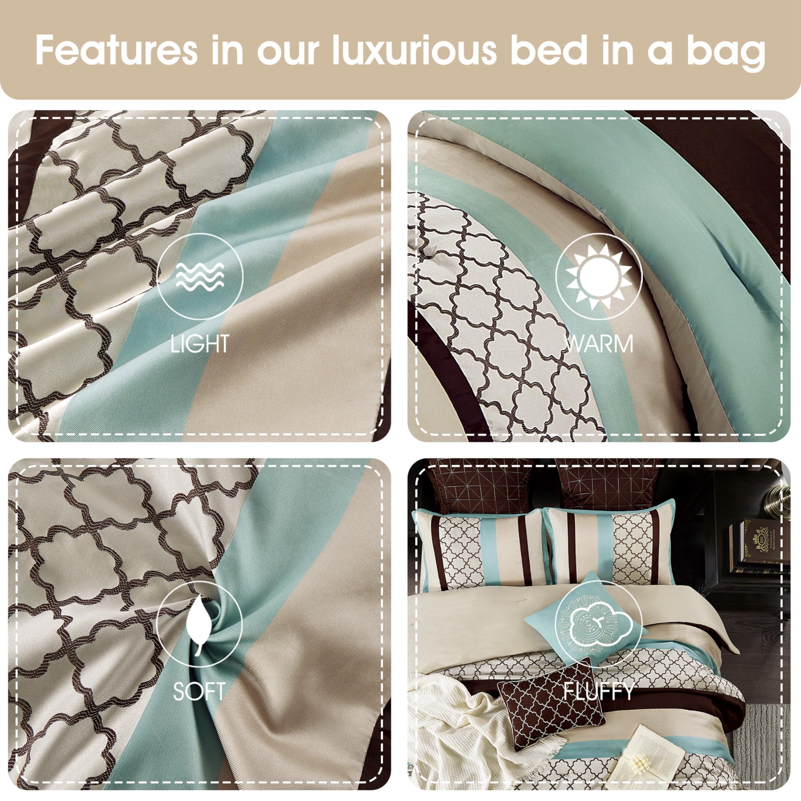 Stratford Park 8-Piece Queen Size Comforter Set - Striped Pintuck Design in Aqua Brown | Includes Matching Bedskirt, Pillows & Shams | Perfect for Master Bedroom, Guest Room & Vacation Homes