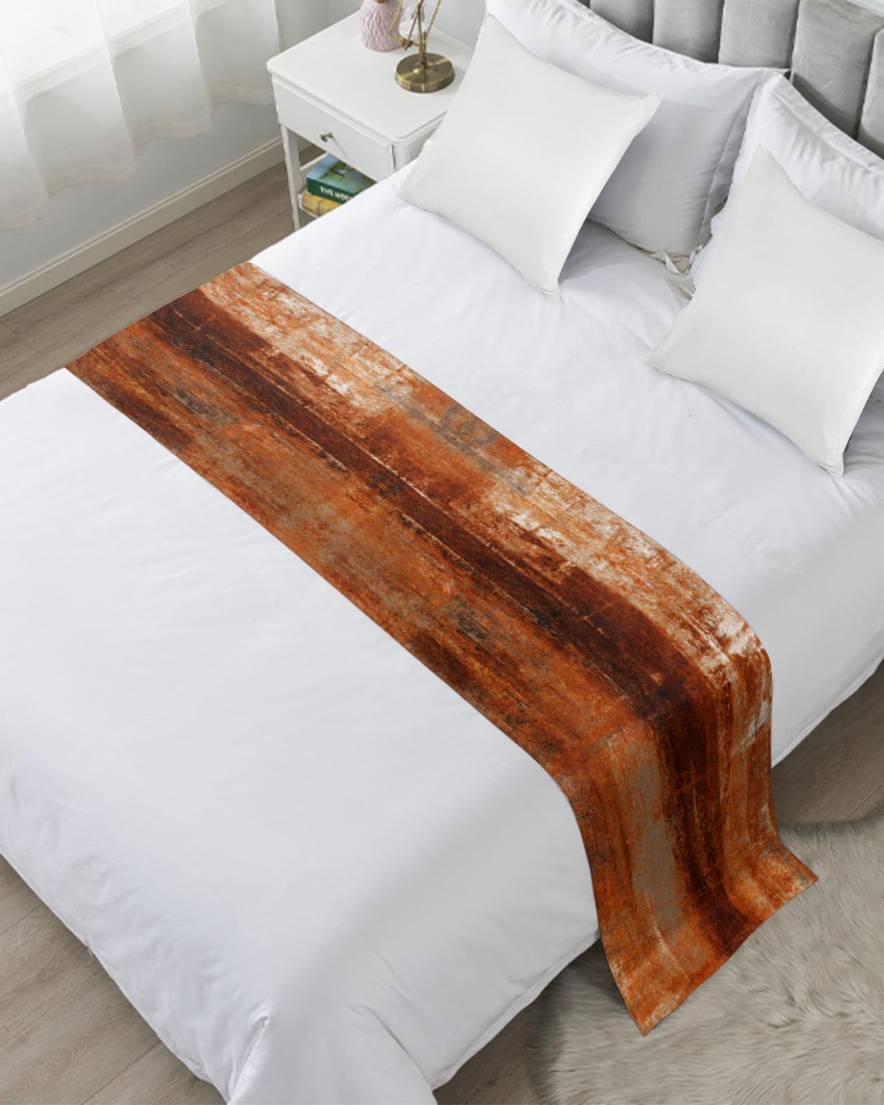 Burnt Orange King Size Bed Runner - 102x20 Inch Abstract Decorative Bed Scarf Throw for California King Beds | Modern Oil Painting Design Luxury Bedding Protector | Perfect for Master Bedroom, Guest Room & Hotel Decor