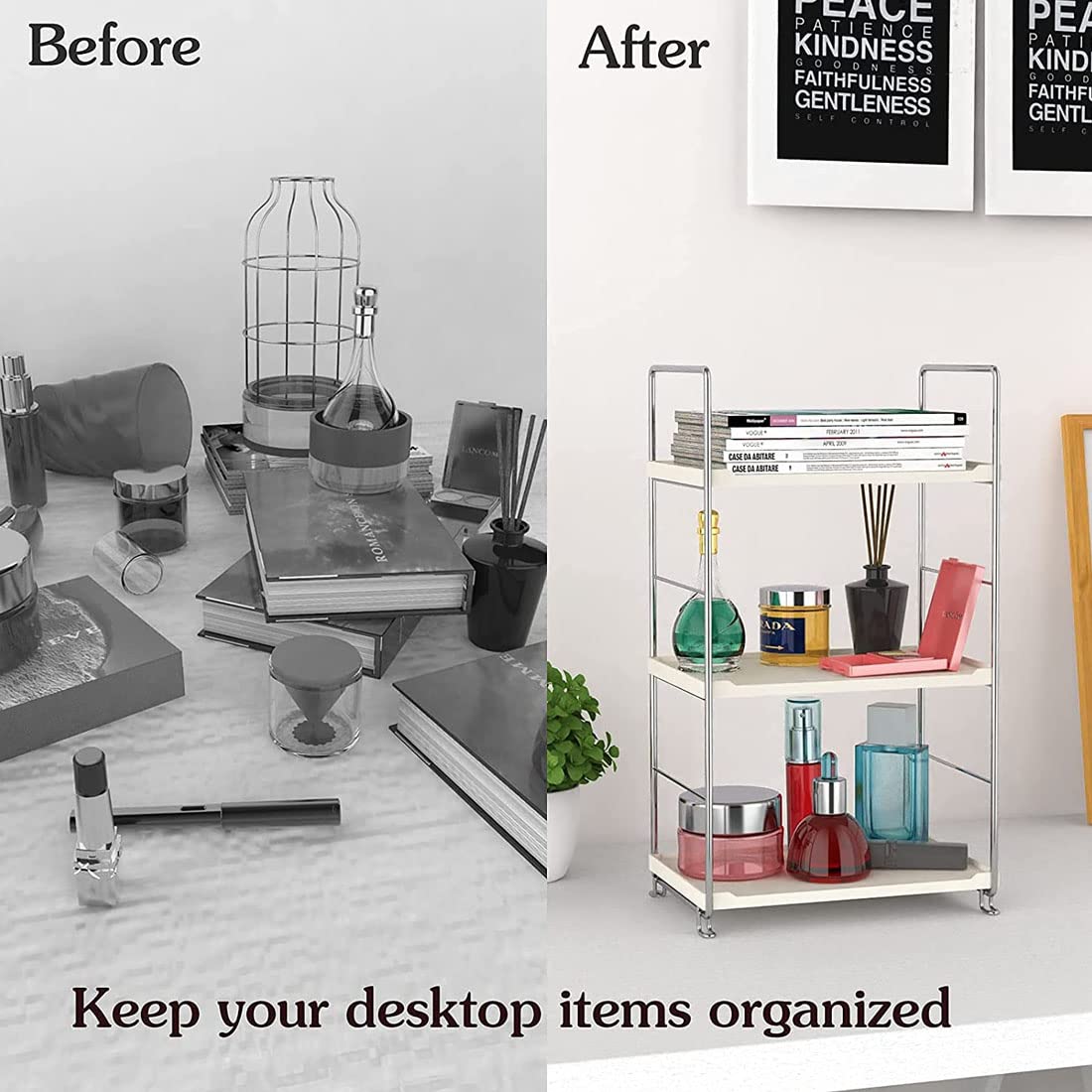3-Tier Bathroom Countertop Organizer | Makeup Storage Shelf | Corner Spice Rack for Vanity, Kitchen & Bedroom | Space-Saving Silver & White Organizer | Perfect for Cosmetics, Toiletries & Spice Storage
