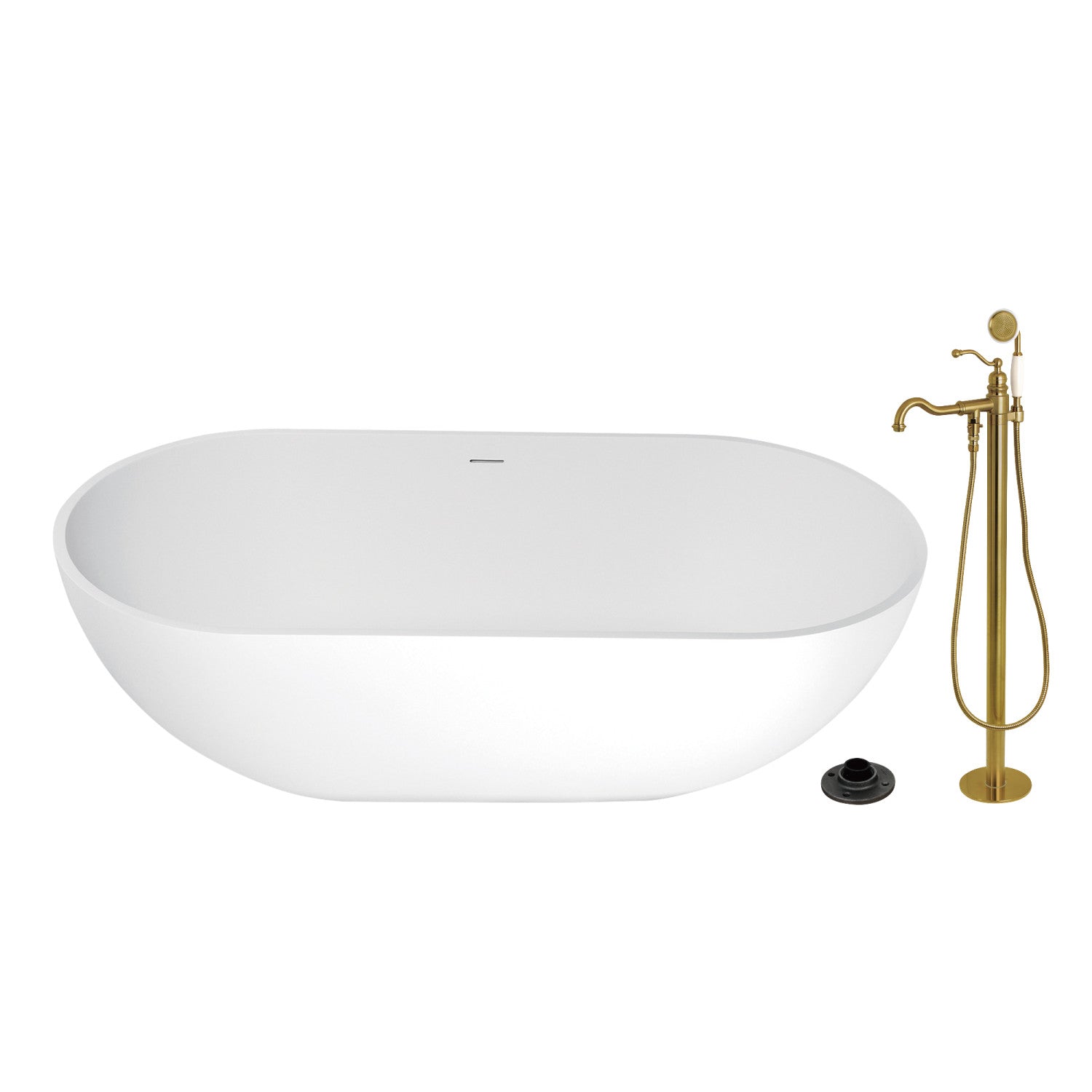 Arcticstone 70 Inch Freestanding Oval Bathtub with Brushed Brass Faucet - Solid Surface Double Ended Soaking Tub for Luxury Bathroom & Spa Relaxation at Home