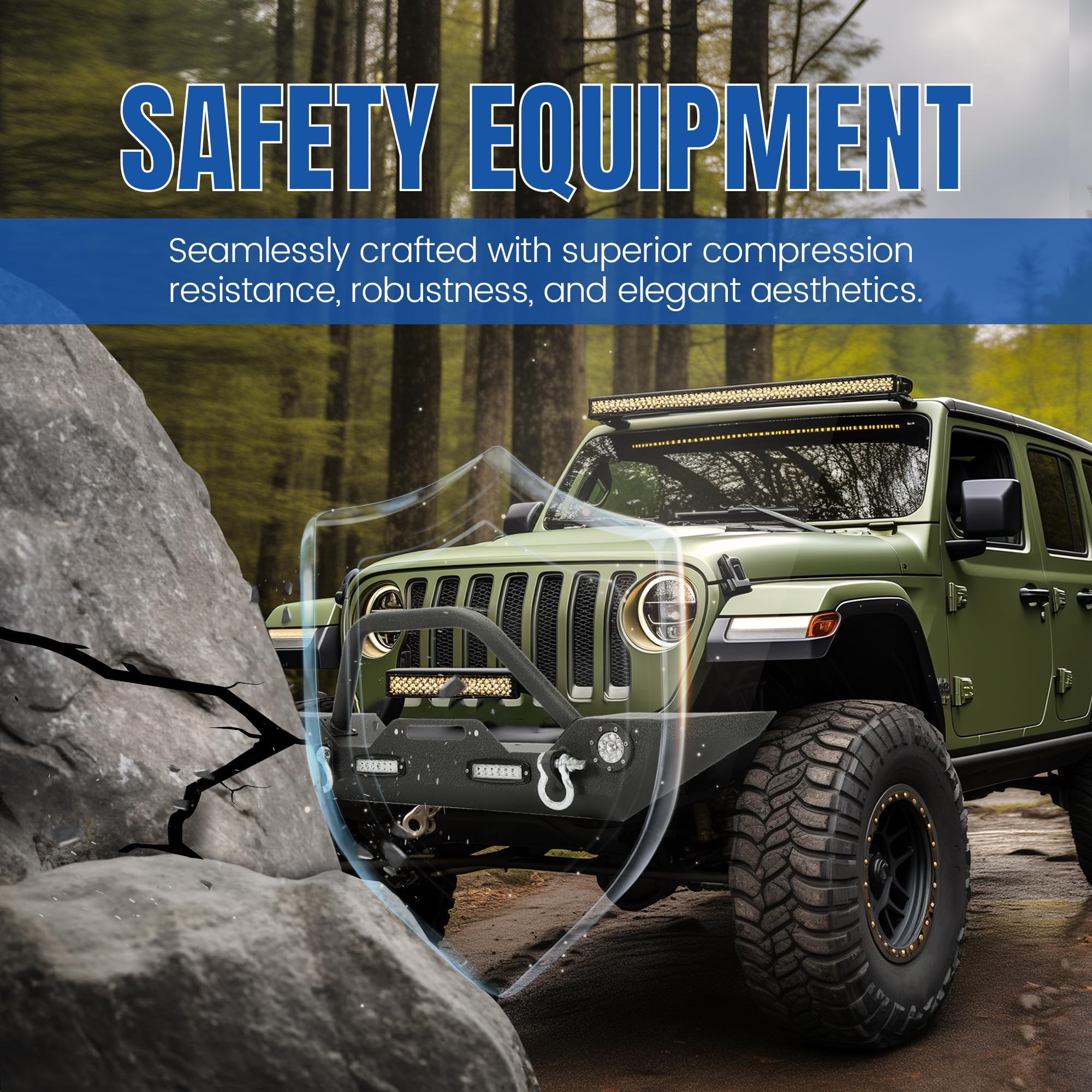 KUAFU Black Front Bumper with LED Lights, D-Rings & Winch Plate - Compatible with 2007-2025 Jeep Wrangler JK, Unlimited JL & Gladiator JT | Off-Road Adventure & Truck Protection Accessory