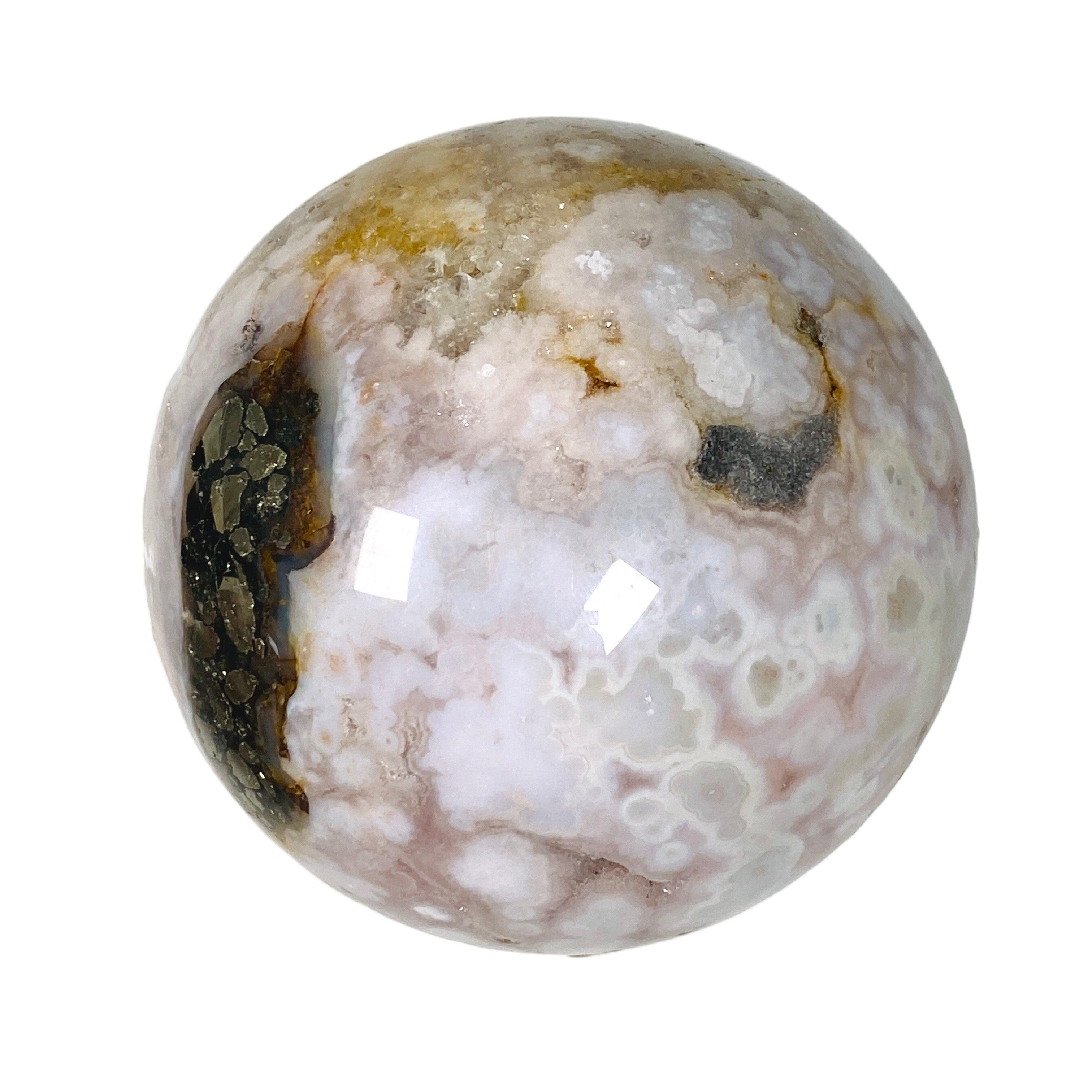 Natural Pink Flower Agate with Pyrite Sphere - Healing Crystal for Meditation, Reiki, and Home Decor - PFAS 03