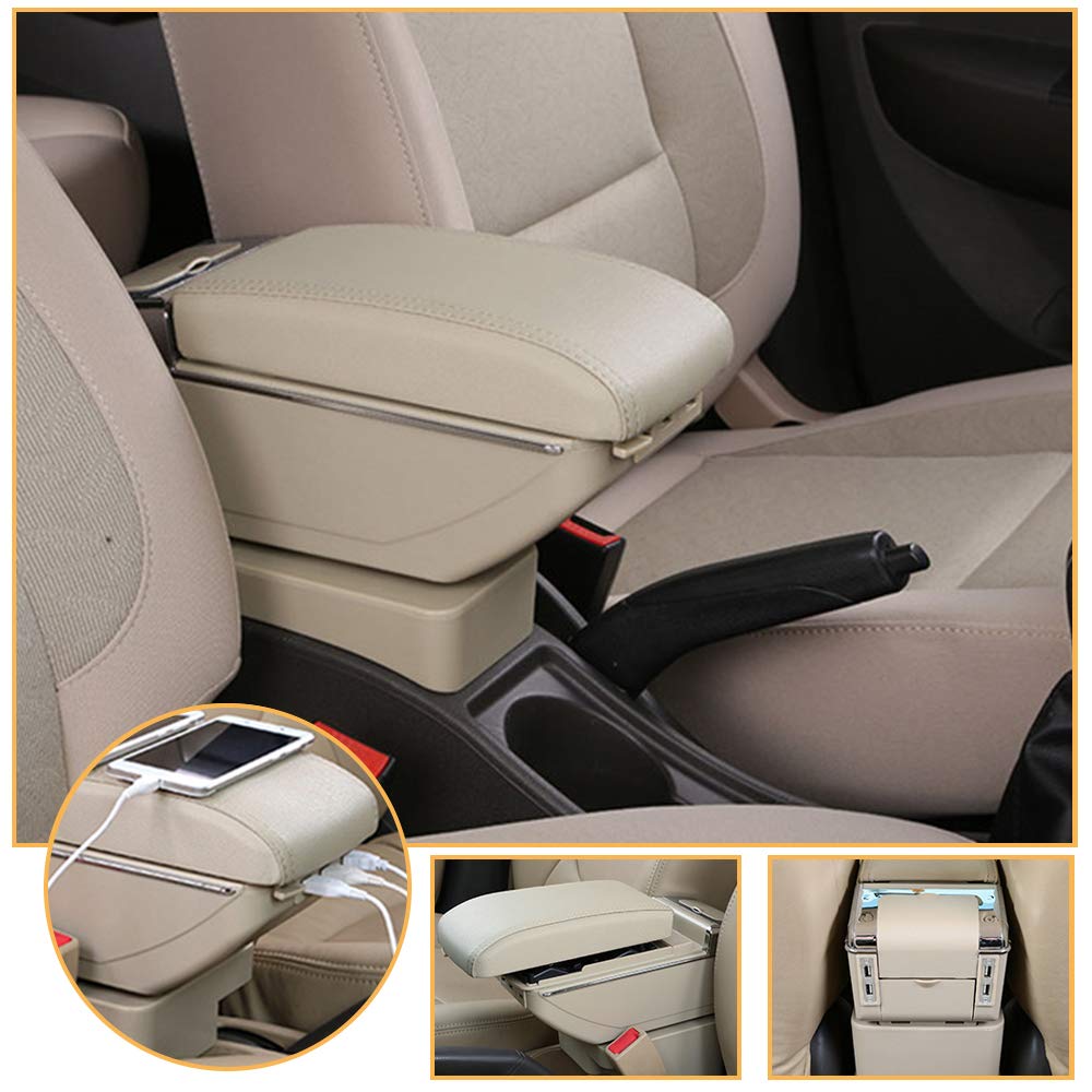 2015-2018 Mitsubishi Attrage Mirage Car Center Console Armrest Box - Leather Double Layer Storage Organizer with USB Port, Thickened Padding (Beige) | Perfect for Road Trips & Daily Commuting