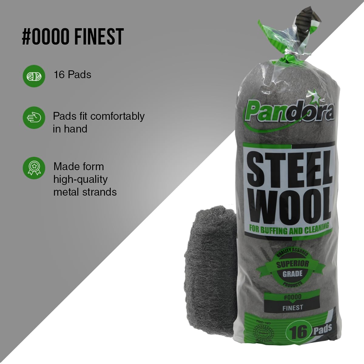 Pandora Steel Wool #0000 - Finest Grade, 16 Pads for Buffing and Cleaning - High-Quality Metal Strands - Perfect for Windows, Furniture, and Automotive Detailing
