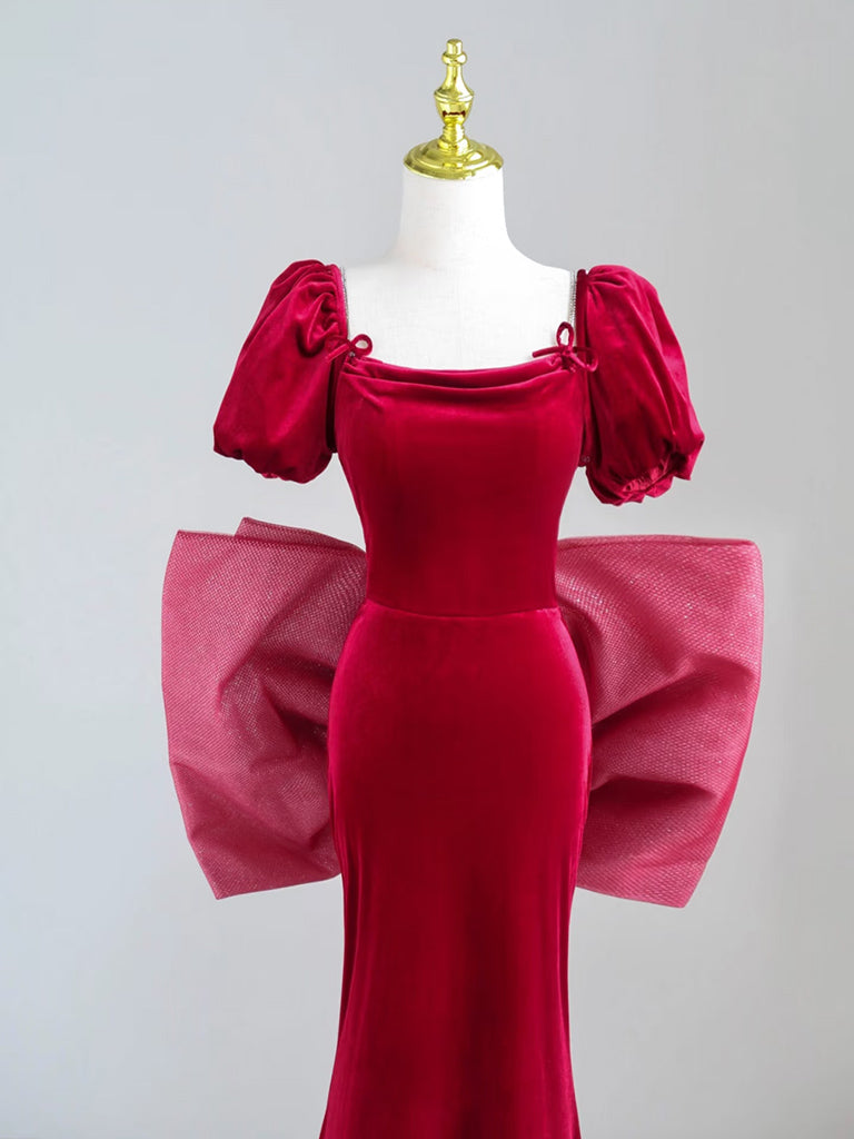 Mermaid Velvet Short Sleeve Burgundy Long Prom Dress - Elegant Formal Gown for Homecoming, Evening Parties & Special Occasions