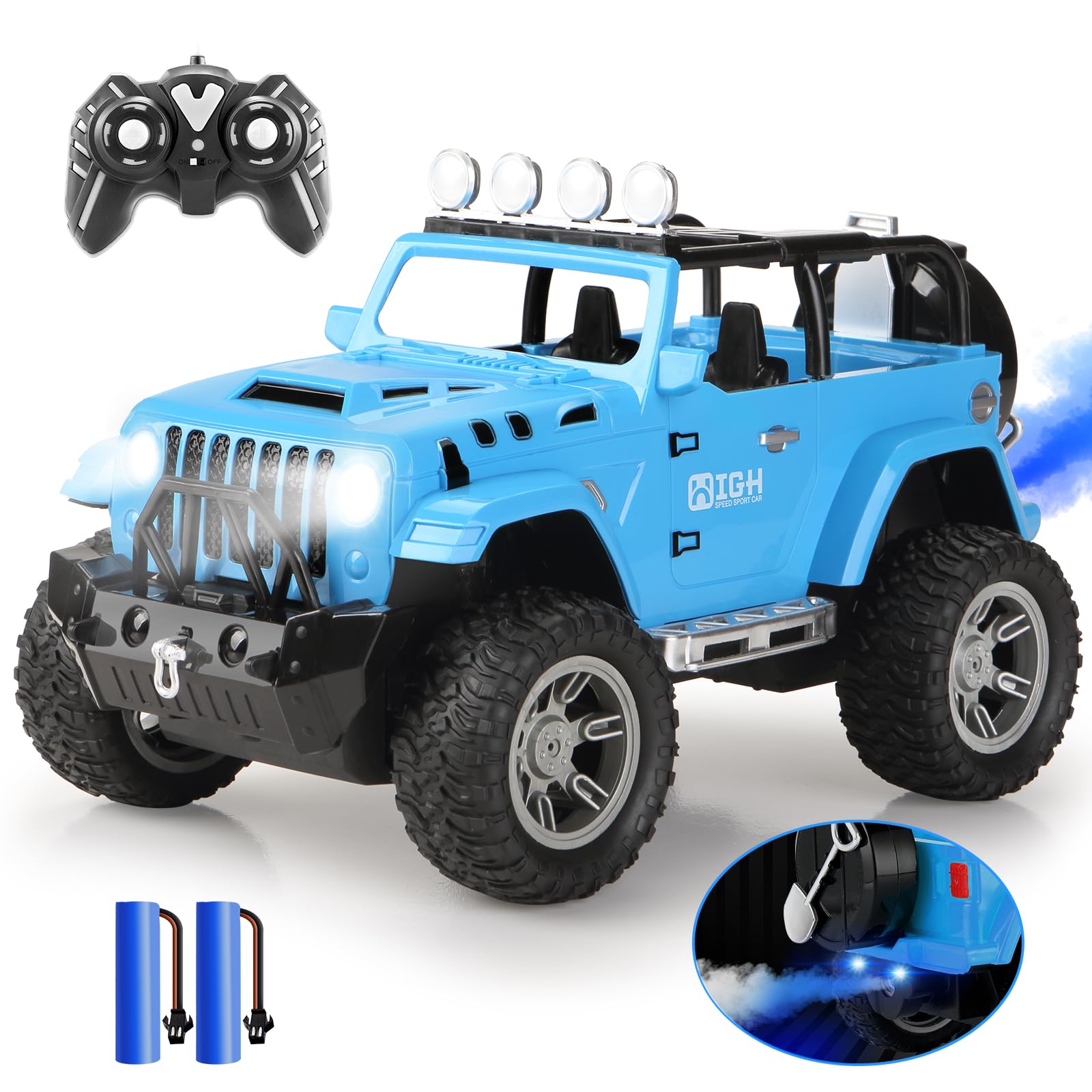Carox 1:16 Scale Remote Control Car for Kids - 2.4Ghz RC Monster Truck with Spray Mist, Engine Sounds & LED Lights | Off-Road Toy Gift for Boys & Girls (Christmas, Birthday, Outdoor Play, Backyard Racing)