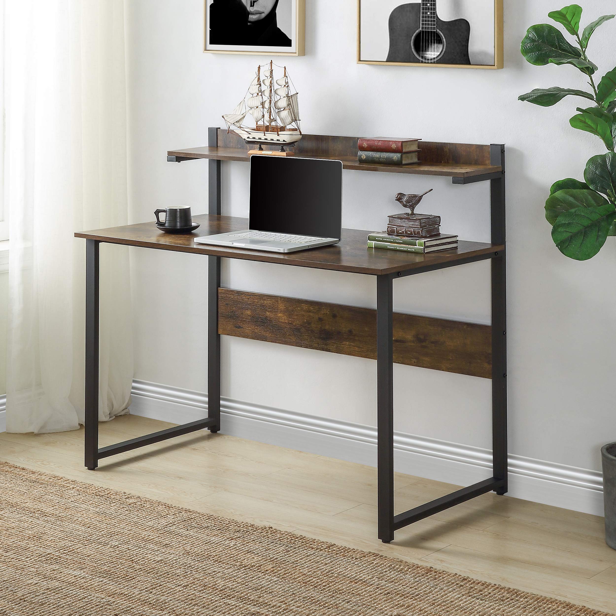 Modern Home Office Desk with Storage Shelves & Hutch - Ergonomic Study Computer Desk for Small Spaces, Work from Home, Gaming & Remote Work Setup