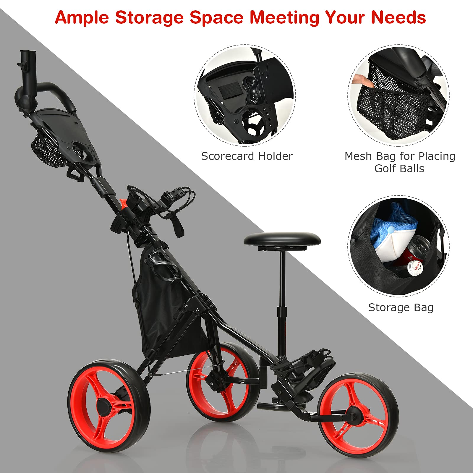 GYMAX 3-Wheel Golf Push Cart - Foldable Lightweight Golf Trolley with Adjustable Height, Umbrella Holder, Hydraulic Seat, Storage Bag & Cup Holder | Perfect for Golf Clubs, Courses & Outdoor Practice