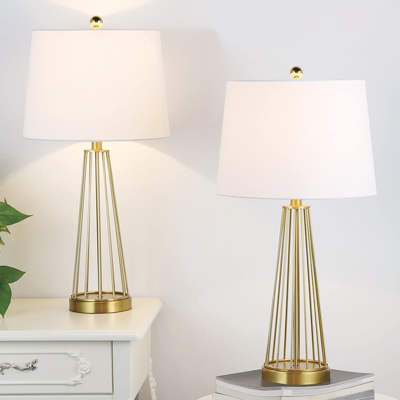 Maxax 27 Inch Table Lamps Set of 2 - 3-Way Dimmable Brass Gold Nightstand Lamps with White Fabric Shade, Industrial Bedside Lighting for Living Room, Bedroom & Office - Hollow Metal Base for Modern Home Decor