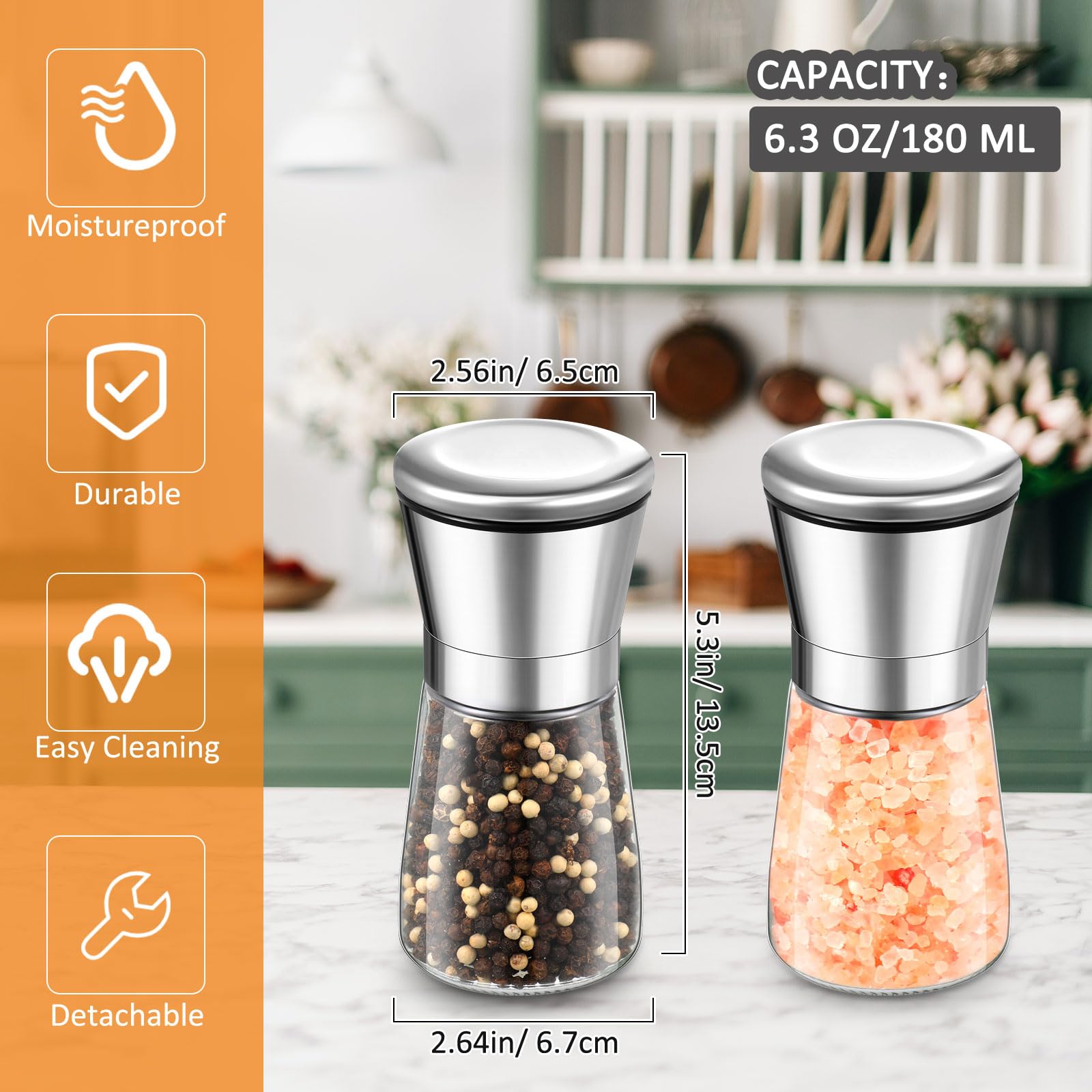 Premium Set of 6 Stainless Steel Salt and Pepper Grinders - Adjustable Ceramic Spice Mill with Refillable Glass Bottle (6.3 oz) - Perfect for Kitchen, Dining Table & Gourmet Cooking