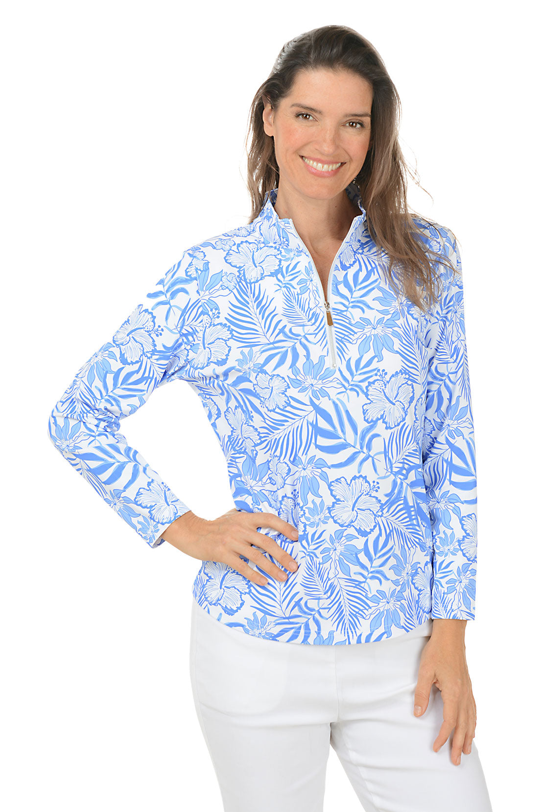 Hibiscus Garden Women's Mock Neck UPF50+ Sun Protection Top for Outdoor Activities and Beach Wear