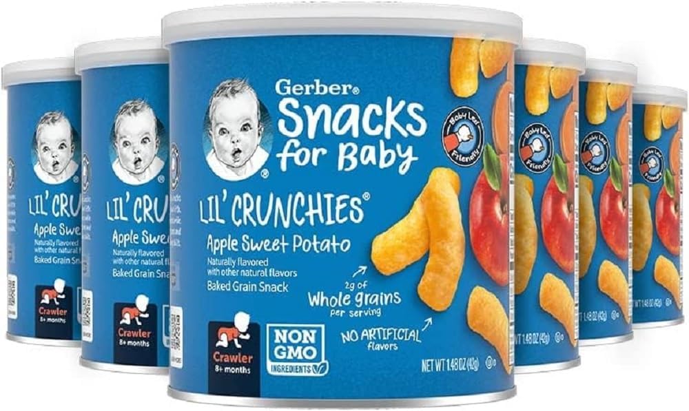 Organic Gerber Baby Snacks - Lil Crunchies Apple & Sweet Potato Puffs (1.48 oz, 6 Pack) | Healthy Toddler Finger Food for On-the-Go, Daycare & Travel Snacking