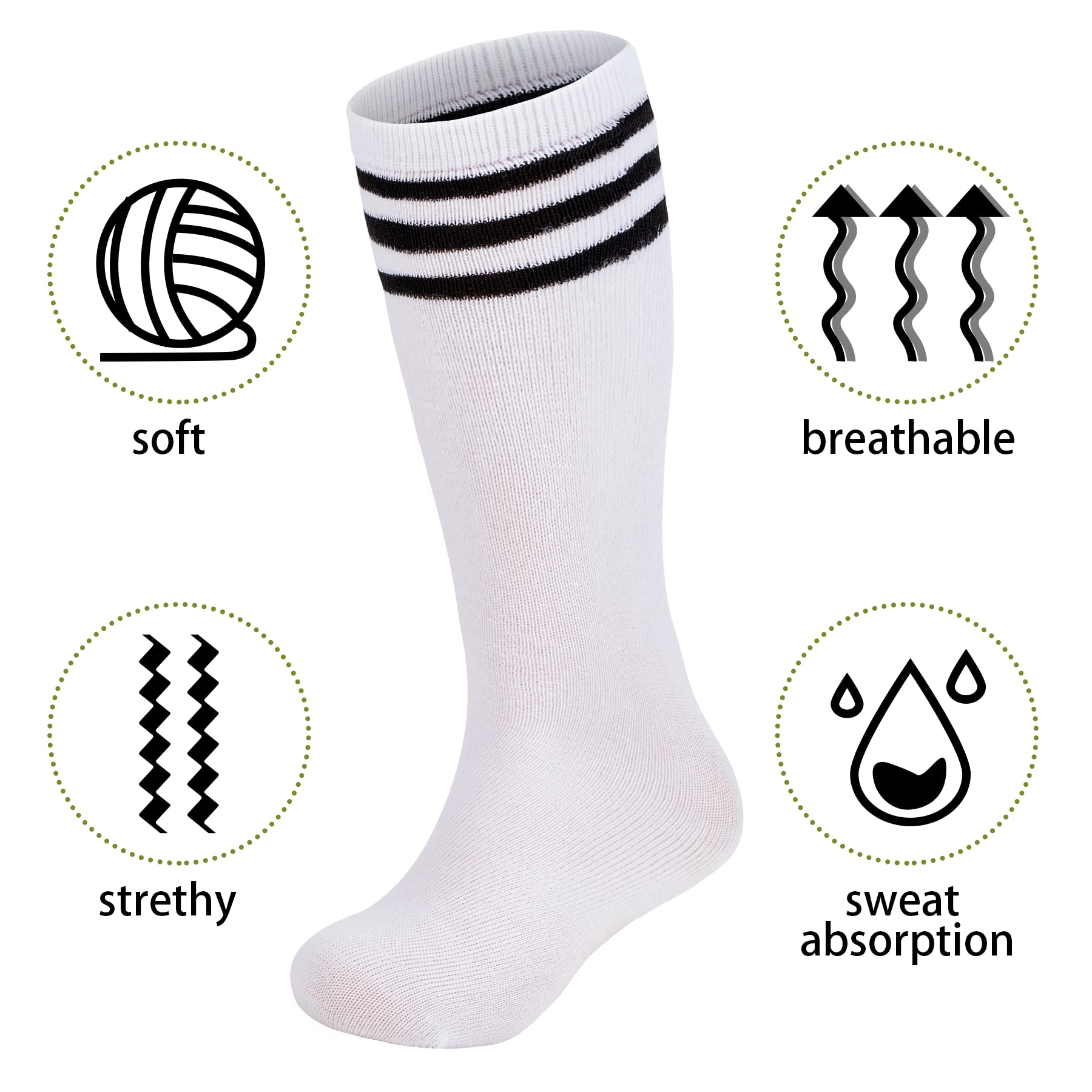 Zando Kids Soccer Socks - Knee High Cotton Athletic Socks for Boys & Girls - Breathable Youth Baseball Socks for Sports & Training - Perfect for Soccer, Baseball & School PE Activities