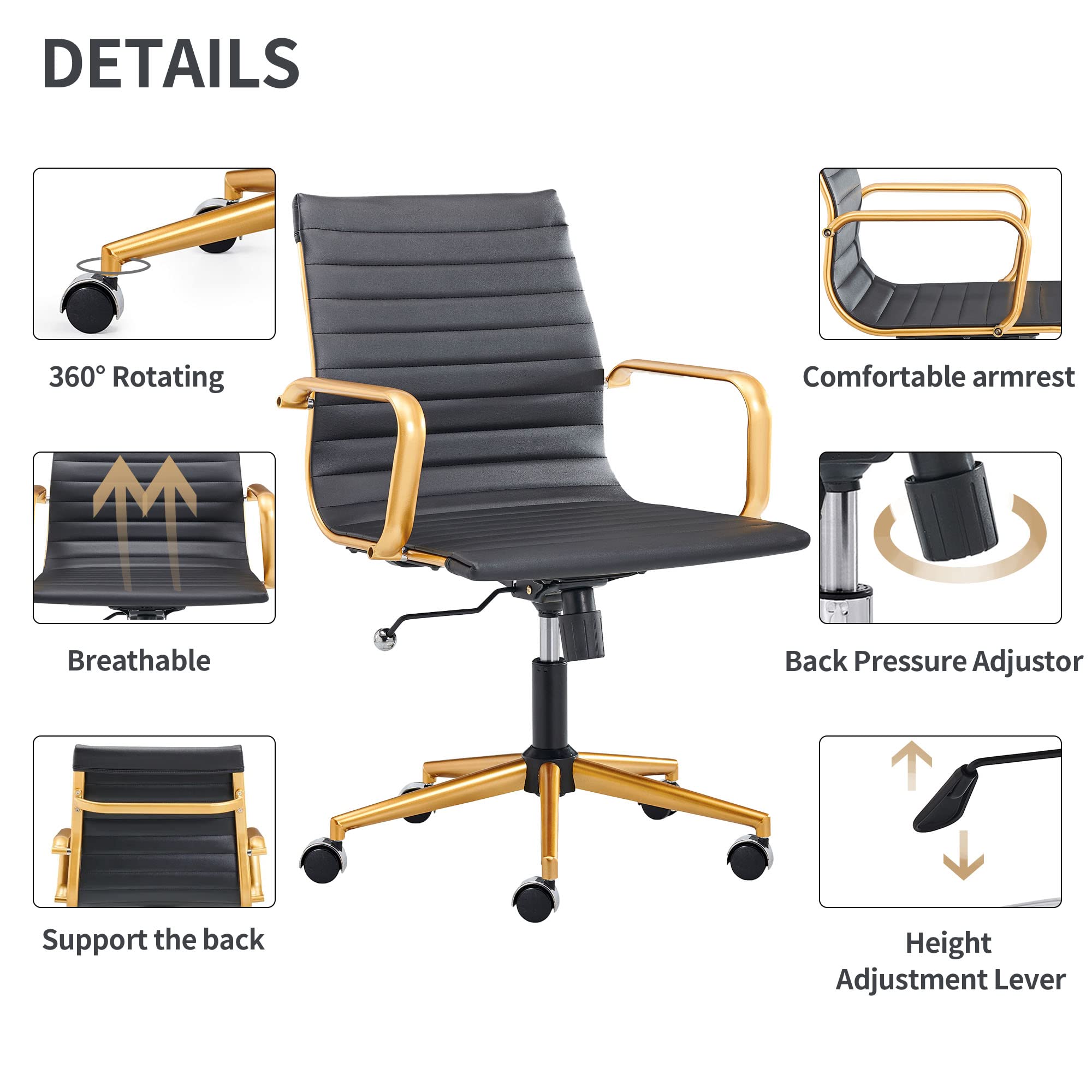 Premium Ergonomic Office Chair - Modern Leather Swivel Executive Desk Chair with Ribbed Design, Rolling Wheels for Home & Conference Room - Black & Gold (Ideal for Long Work Hours & Video Meetings)