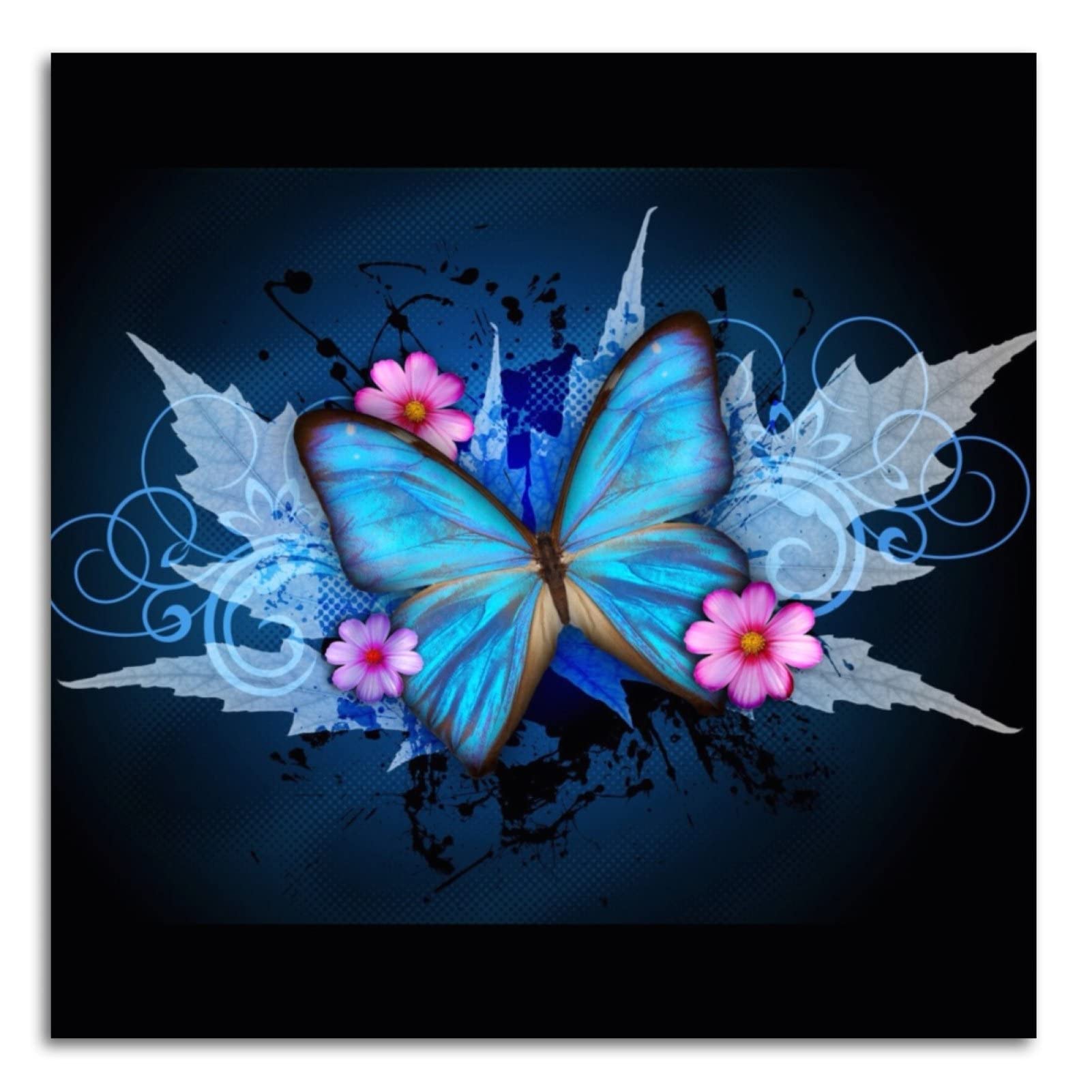 Blue Butterfly Flower Canvas Wall Art - 24x24 Inch Frameless Decor for Bathroom, Bedroom & Kitchen