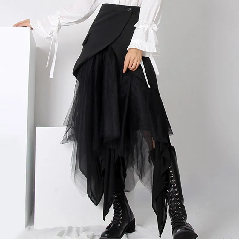 Asymmetrical Patchwork Mesh Skirt for Women - High Waist Plus Size Fashion Skirt | Spring Summer Boho Style Skirt for Casual Outings, Beach Vacations & Date Nights