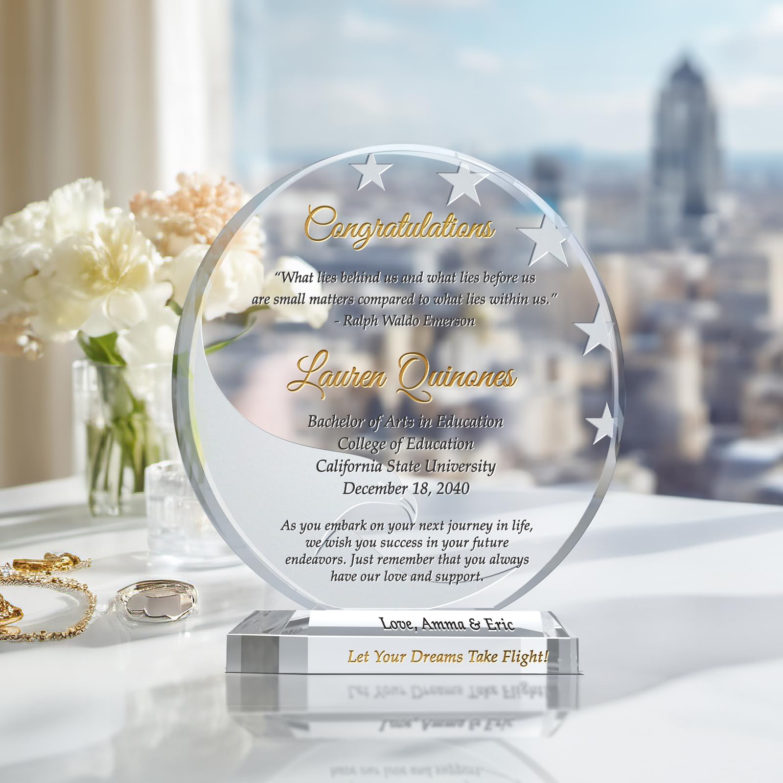 Personalized Crystal Graduation Plaque - Custom Engraved with Name, Degree & School - Unique Gift for Graduates (6.5 Inch) - Perfect for Son, Daughter, Siblings & Relatives - Ideal for Office Display, Home Decor & Commemorative Keepsake