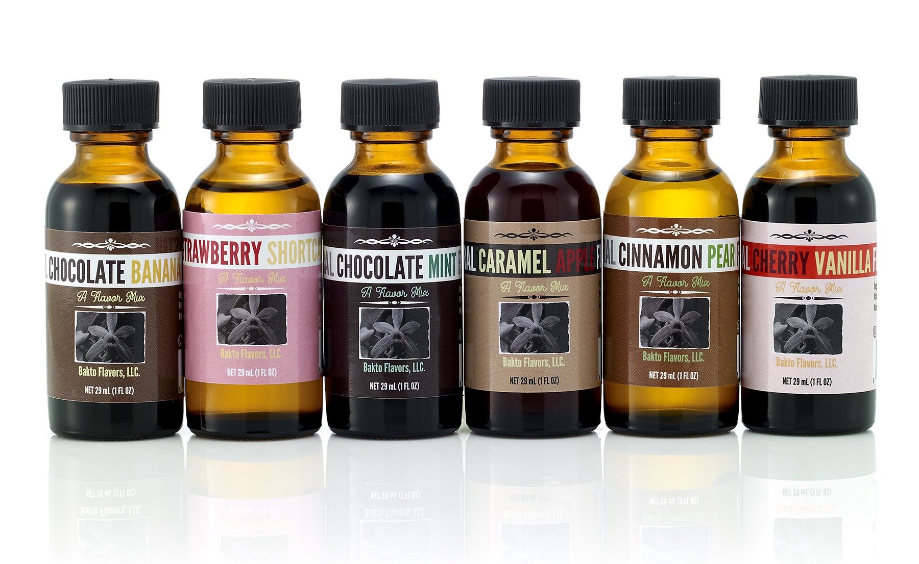 Bakto Flavors Natural Flavor Mix Combo Pack - 6 (1 FL OZ) Bottles - Caramel Apple, Chocolate Banana, Chocolate Mint, Cinnamon Pear, Cherry Vanilla, Strawberry Shortcake - Perfect for Baking, Cooking, Smoothies & Coffee Flavoring