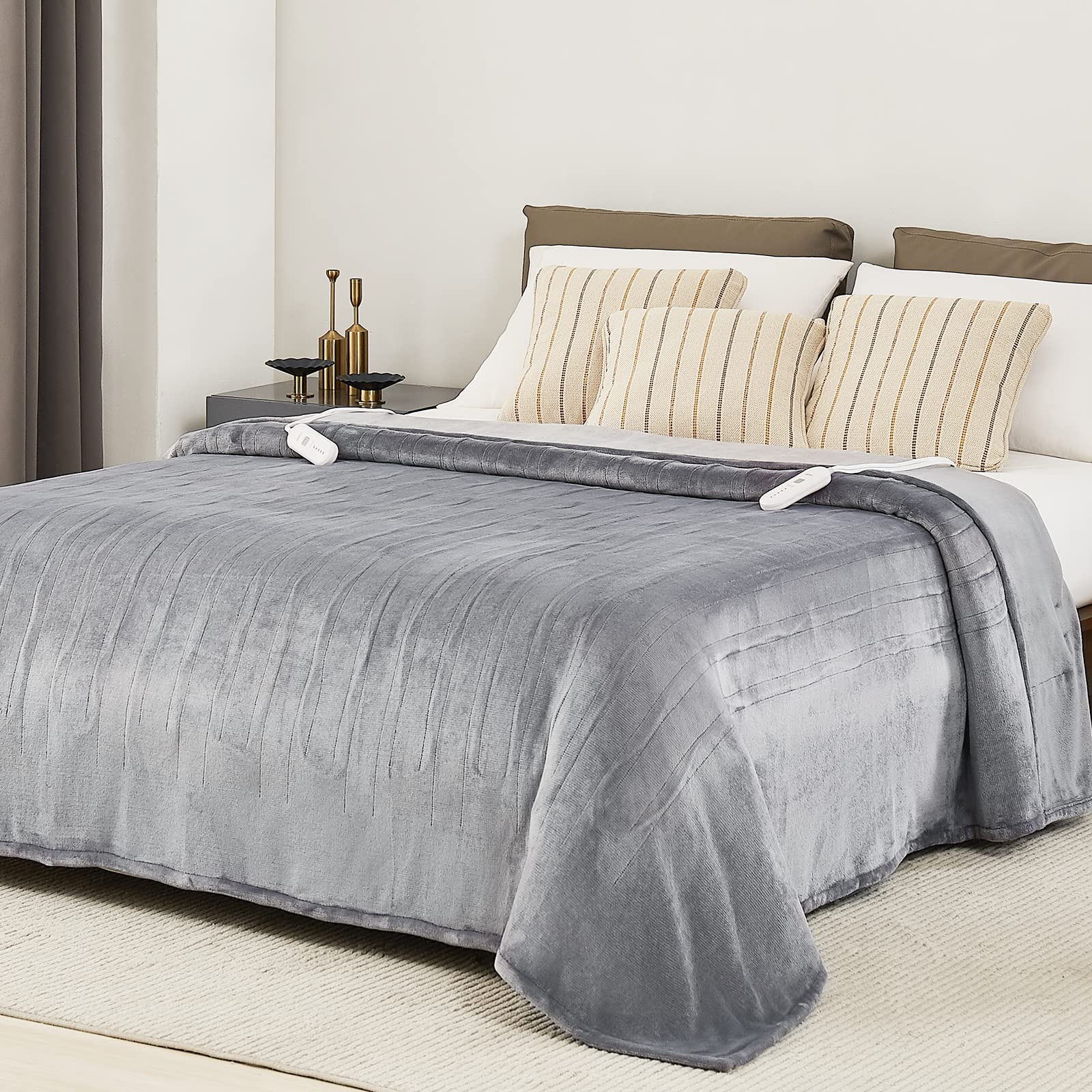 JKMAX Electric Heated Blanket - 90x100 Inch Flannel Warming Blanket with 5 Heat Settings & Auto Shutoff - Dual Control Electric Throw Blanket for Adults - Perfect for Cold Nights, Winter Bedding & Cozy Sofa Lounging (Grey)