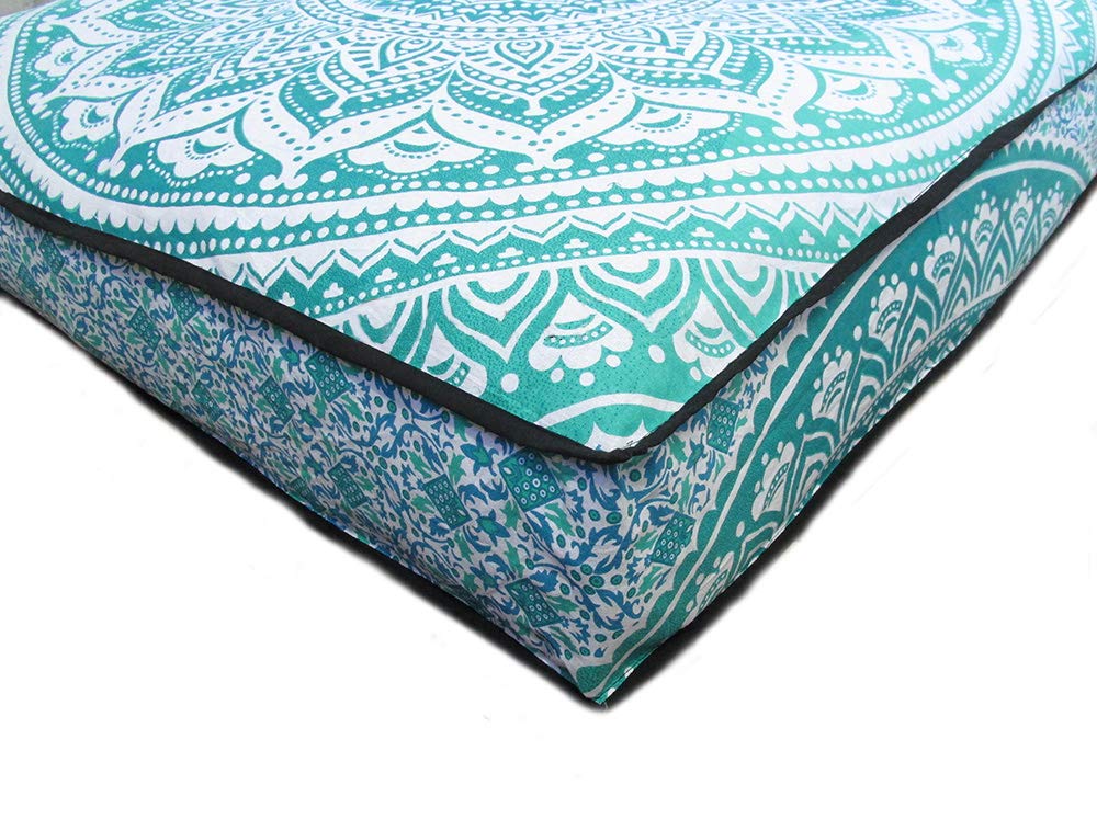 Large Square Floor Pillow Cover - Cotton Mandala Cushion with Zipper for Home Decor & Pet Bed (35