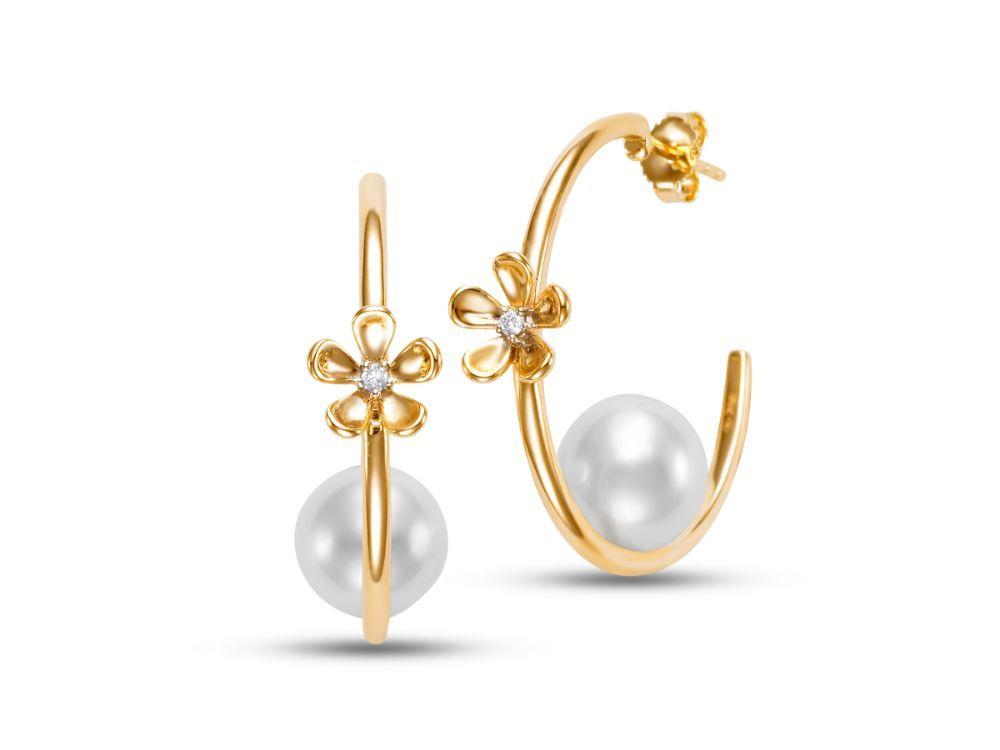 14K Gold Floating Freshwater Pearl & Diamond Flower Hoop Earrings for Women - Elegant Jewelry Gift for Weddings, Parties & Special Occasions