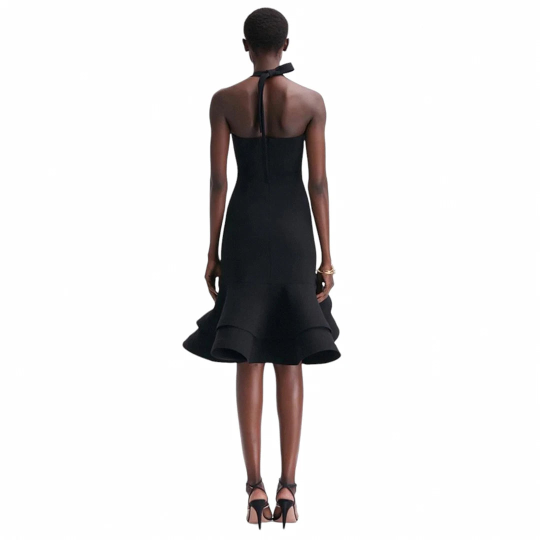 Elegant Black Halter Neck Midi Dress with Ruffle Asymmetric Hem - Women's Sexy Evening Party Birthday Cocktail Dress - Perfect for Date Night, Wedding Guest & Special Occasions