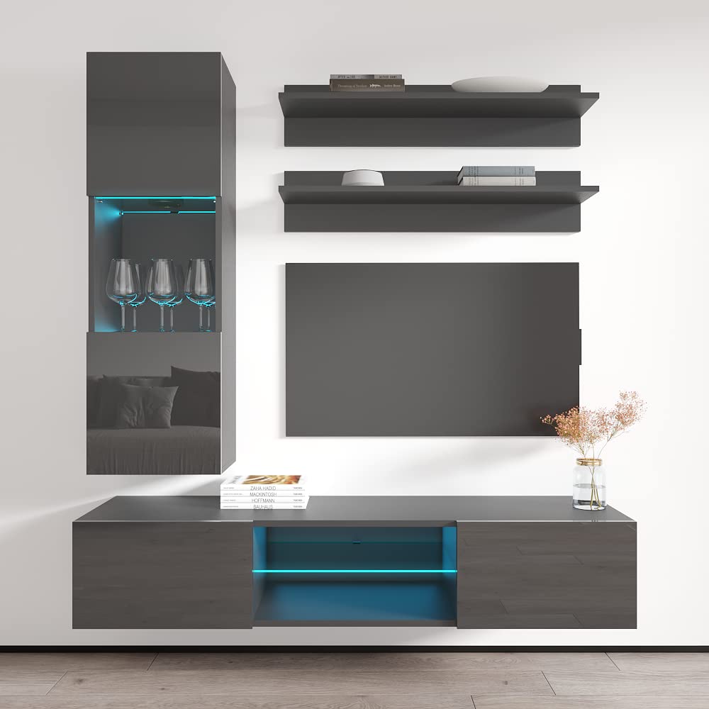 Modern Wall-Mounted TV Stand with Storage Shelves & LED Lights - Fly H33 Entertainment Center Console for Bedroom & Living Room - Space-Saving Gray TV Cabinet for Small Spaces - Perfect for Apartments, Dorms & Home Theater Setups