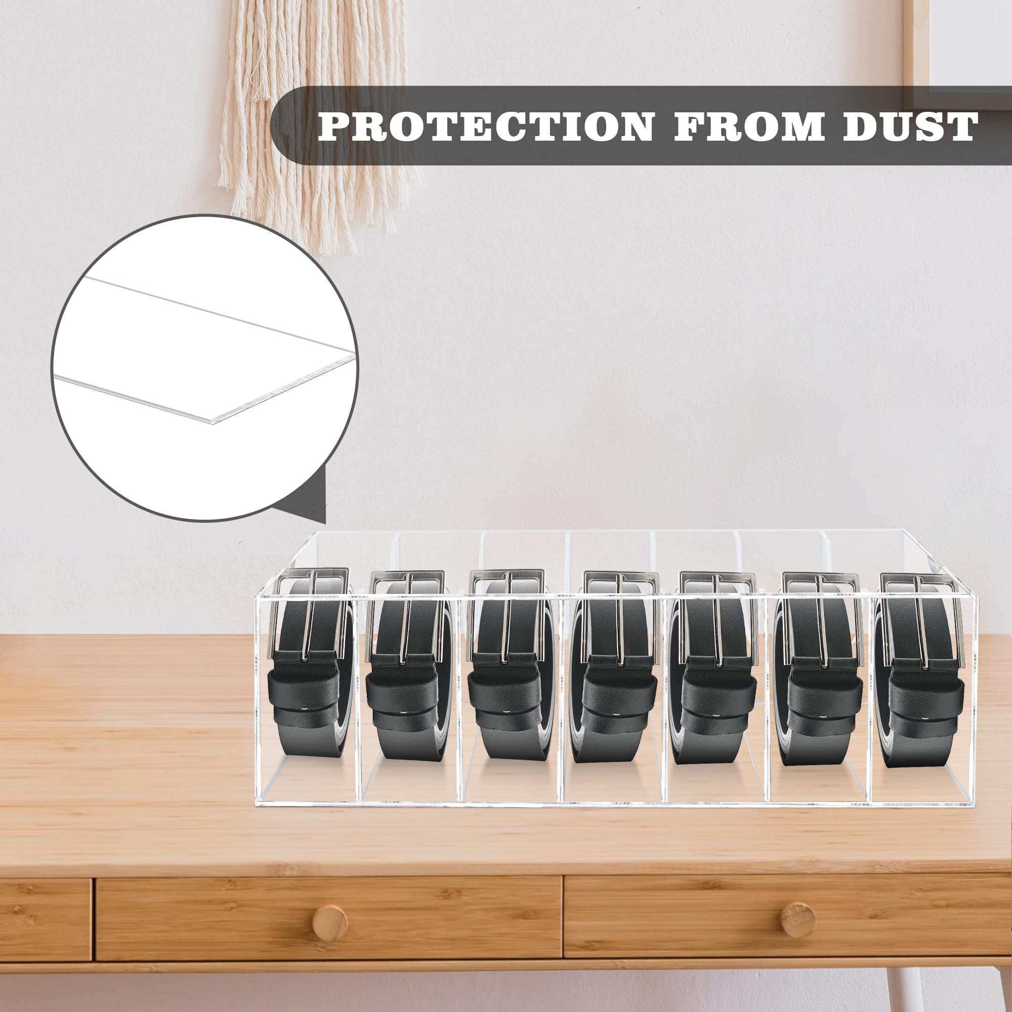 WeddingWish Acrylic Belt Organizer - 7 Compartment Clear Belt Storage with Dust Cover for Closet & Drawer - Perfect for Displaying Belts, Ties & Bow Ties | Ideal for Home Organization & Wardrobe Accessories