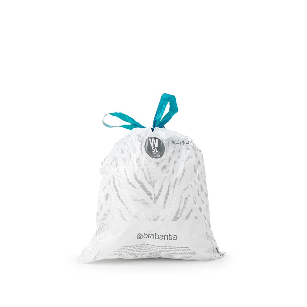 Brabantia PerfectFit 1.3 Gallon Trash Bags - 40 Count Thick Plastic Drawstring Trash Can Liners with Handles - Ideal for Small Bathroom, Office & Bedroom Waste Bins