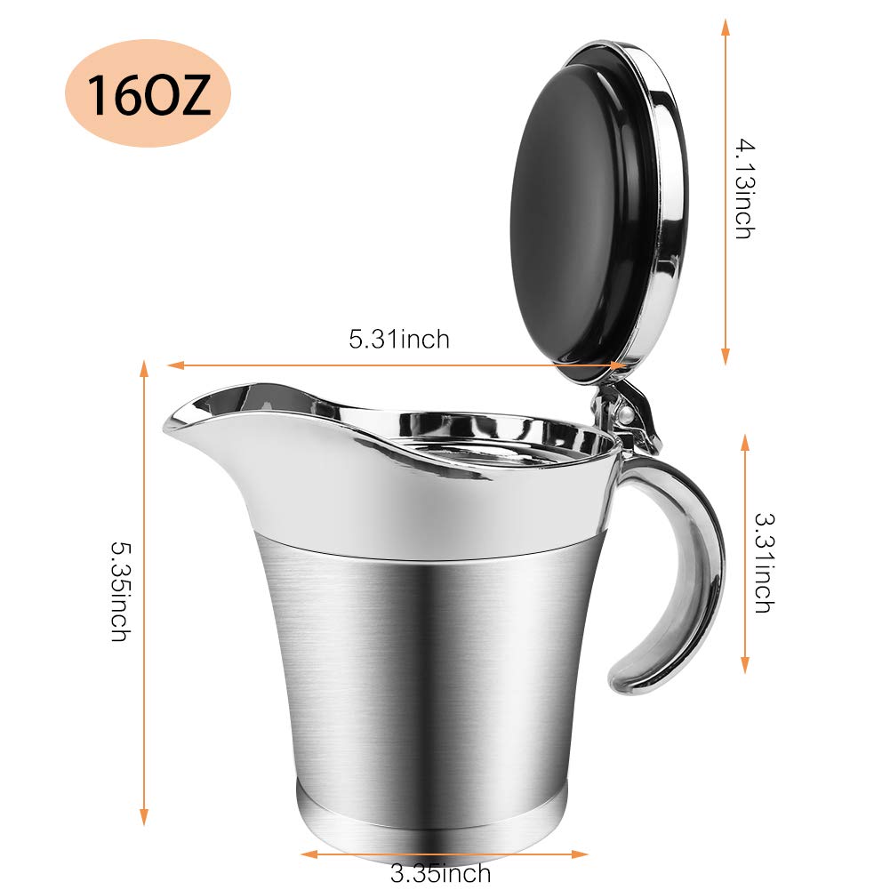 ShineMe 16oz Stainless Steel Gravy Boat with Lid - Double Wall Insulated Sauce Jug for Hot Gravy, Cream & Condiments - Perfect for Thanksgiving Dinner, Holiday Meals & Kitchen Serving