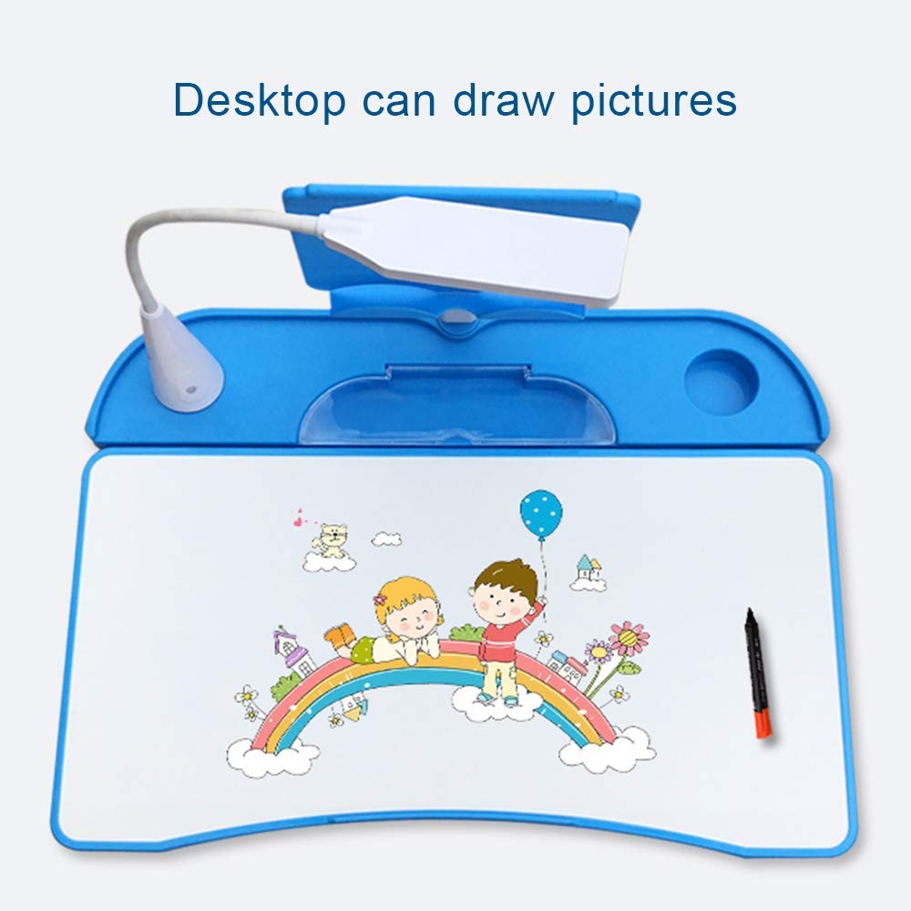 LVYUAN Adjustable Kids Study Desk and Chair Set with Tiltable Desktop, 3-Level LED Light - Ergonomic Children's Learning Table for Bedroom, Homeschool & Classroom (Blue) - Perfect for Homework, Drawing & Online Learning
