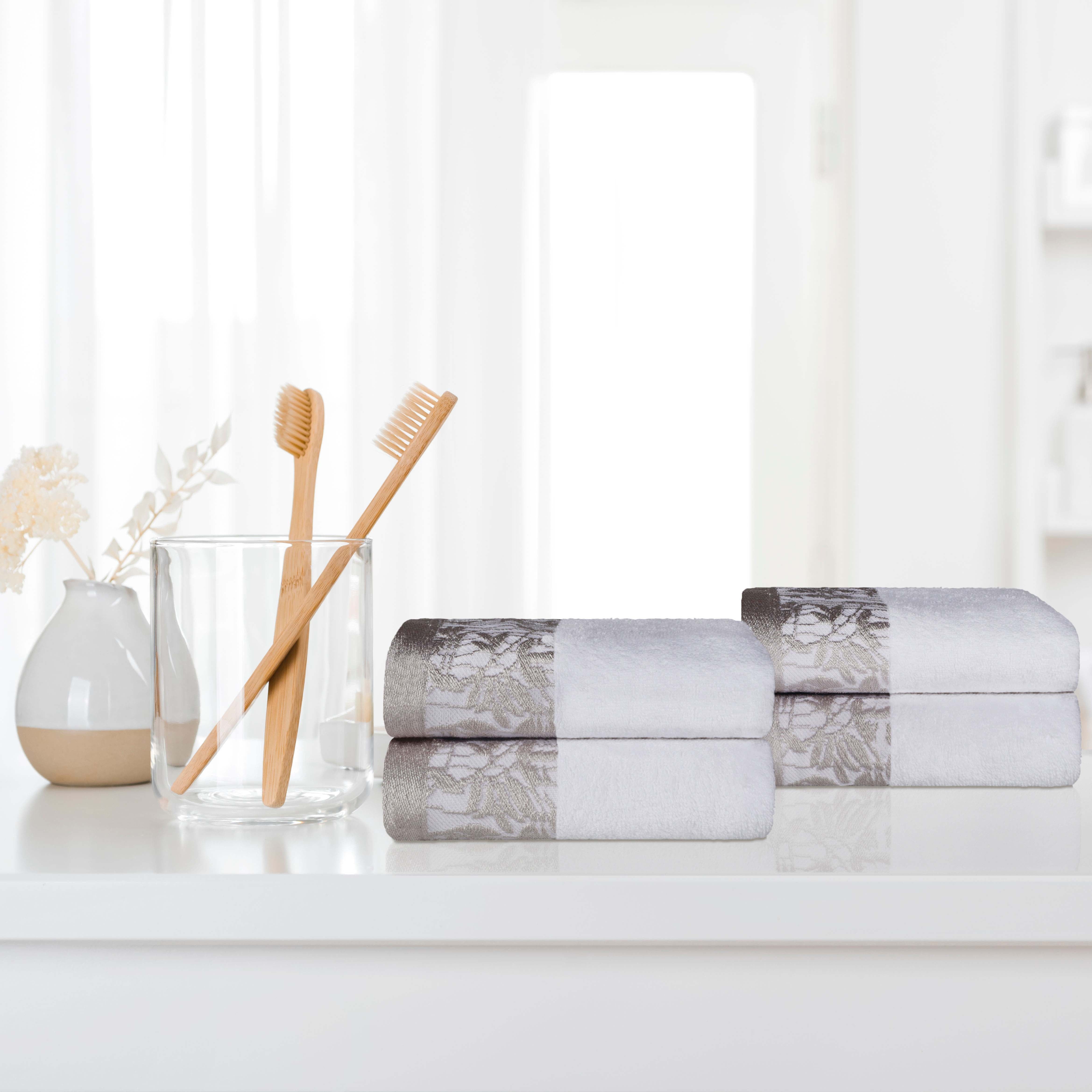 Premium Wisteria Cotton Floral Embroidered Jacquard Border Hand Towels - Set of 4 | Soft Absorbent Bathroom & Kitchen Towels for Guest Bath, Powder Room, and Luxury Home Decor