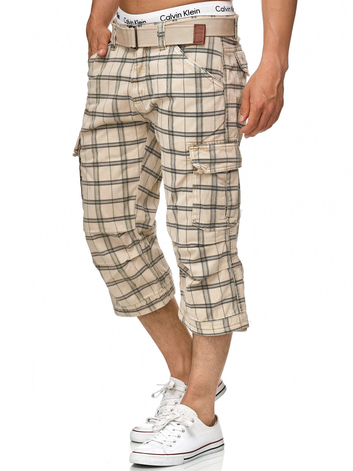 Nicolas Men's Check Cargo Shorts with Belt - 3/4 Length Tactical Shorts for Outdoor Adventures, Hiking & Casual Wear