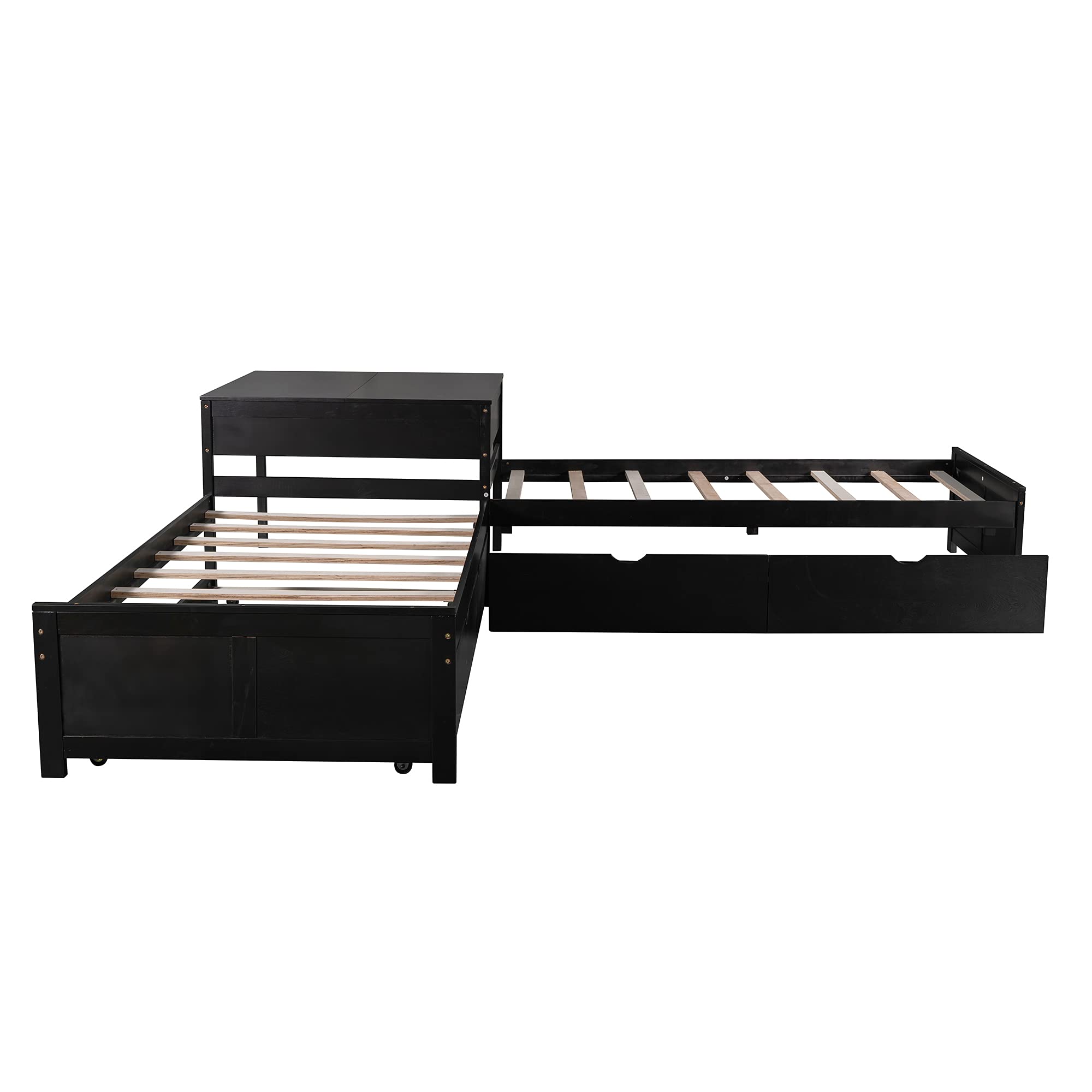 Bellemave L-Shaped Twin Platform Bed with Desk & Storage Drawers - Modern Wooden Bed Frame with Trundle, 3-in-1 Space-Saving Design in Espresso Finish - Perfect for Small Bedrooms, Dorm Rooms & Studio Apartments
