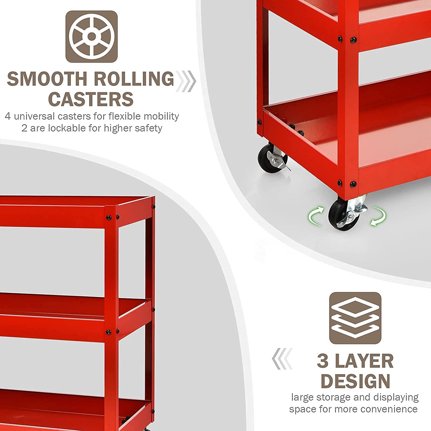 AFSTAR 330 lbs Heavy Duty 3-Shelf Steel Tool Cart with Lockable Wheels - Mobile Utility Storage Cabinet Organizer Trolley for Garage, Warehouse & Workshop - Perfect for Mechanics, DIY Projects & Industrial Use (Red)