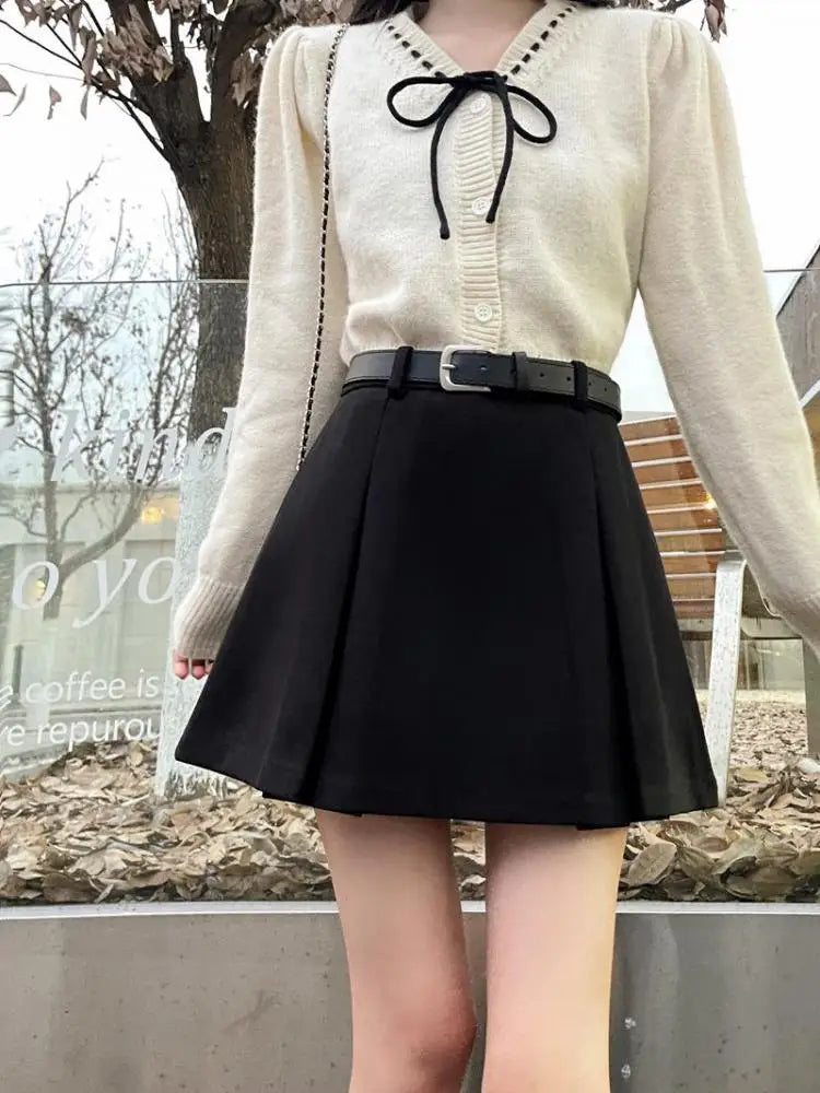 Women's Black Wool Mini Skirt - A-Line Wrap Hip Short Skirt for Autumn Winter | Korean Harajuku Fashion Thick Pleated Skirt | Perfect for Parties, Dating & Casual Outfits