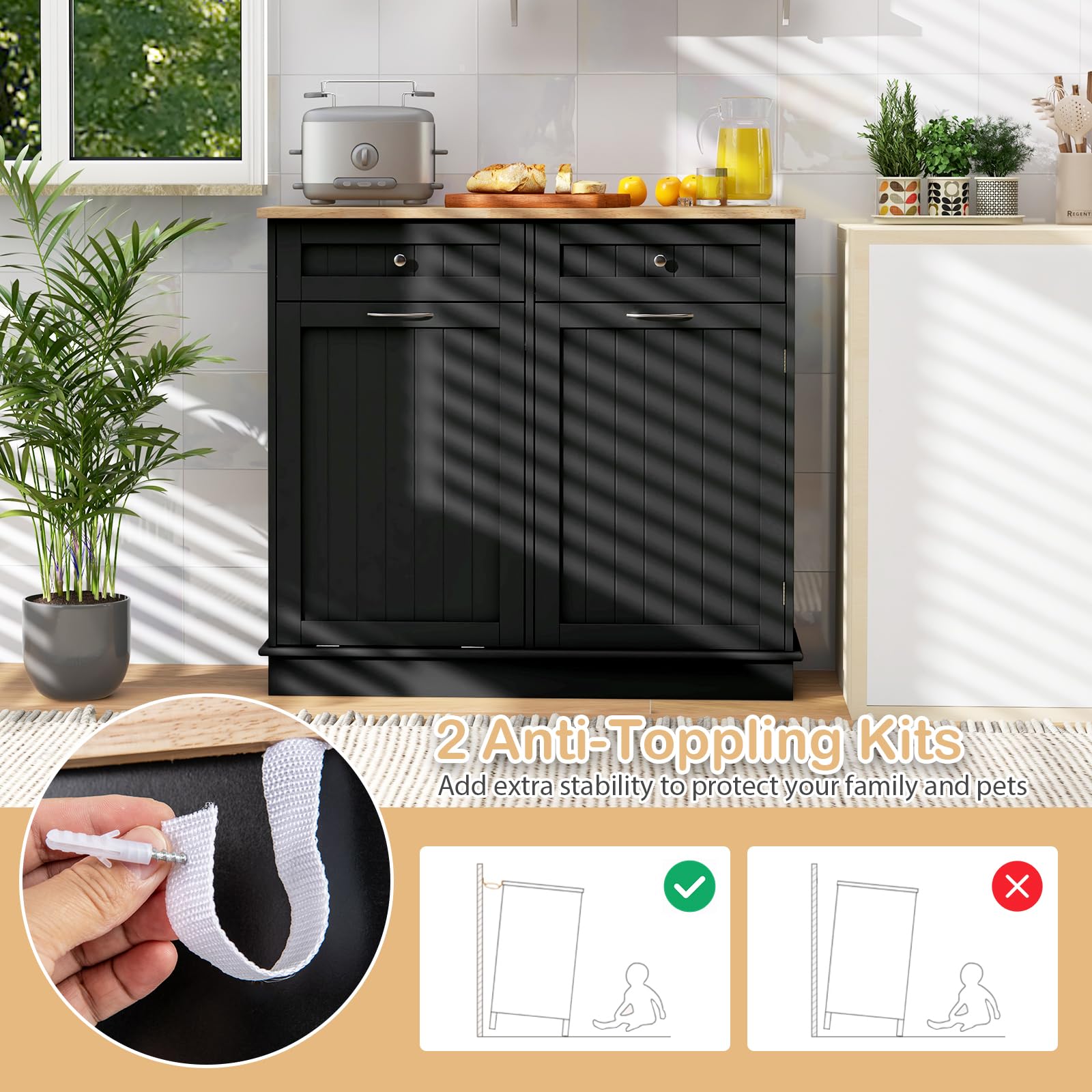 Giantex 15.5 Gallon Kitchen Trash Cabinet with Tilt-Out Bin | Rubber Wood Countertop Kitchen Island Organizer | 2 Drawers & Adjustable Shelf | Black Waste Recycling Storage for Small Spaces & Apartments | Perfect for Kitchen Organization & Garbage Disposal