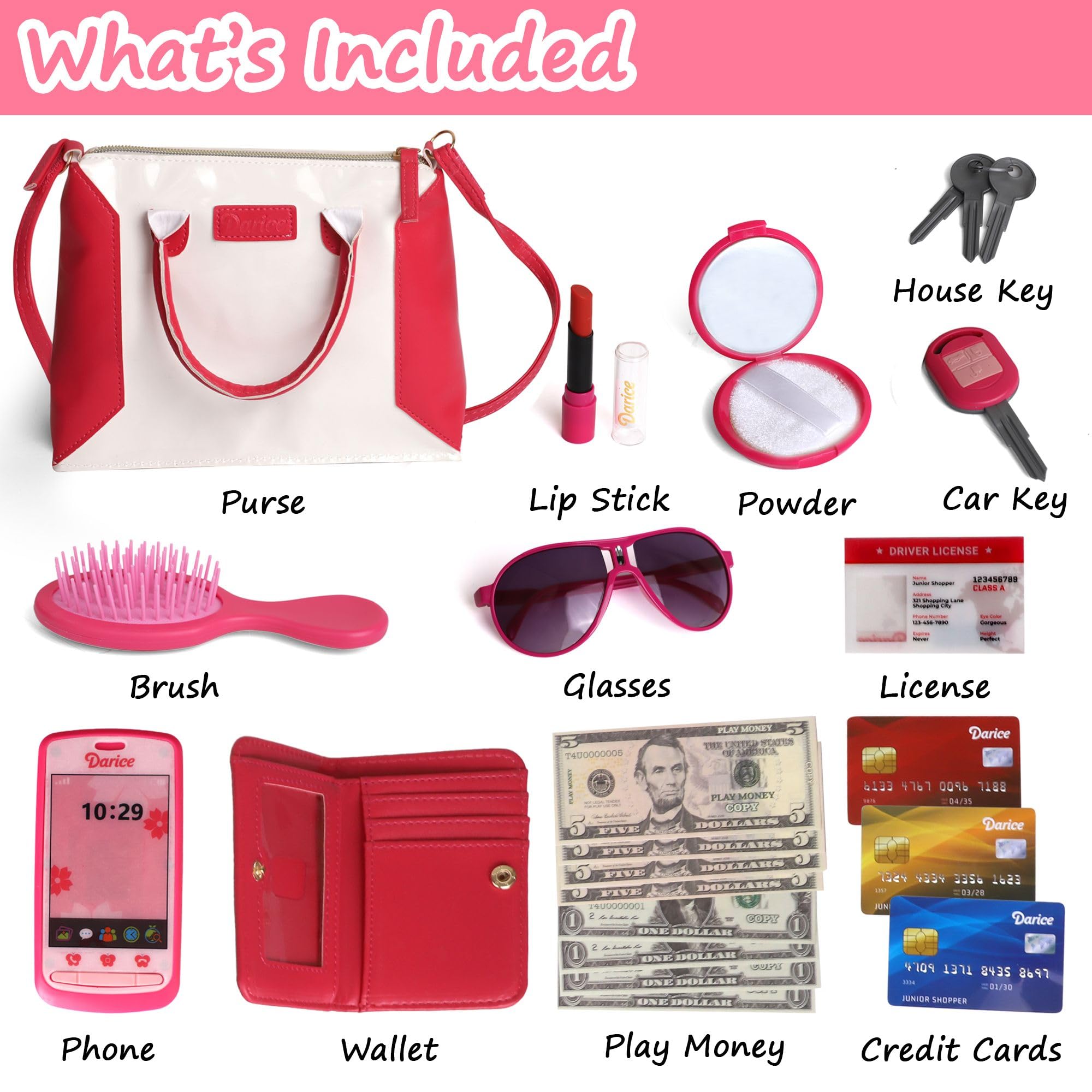 Darice Fashion Play Purse Set for Toddlers & Little Girls - Pretend Play Handbag with Toy Phone, Makeup, Wallet & Accessories - Perfect Dress-Up Toy for 3+ Year Olds - Ideal for Birthday Gifts, Role Play & Imaginative Play