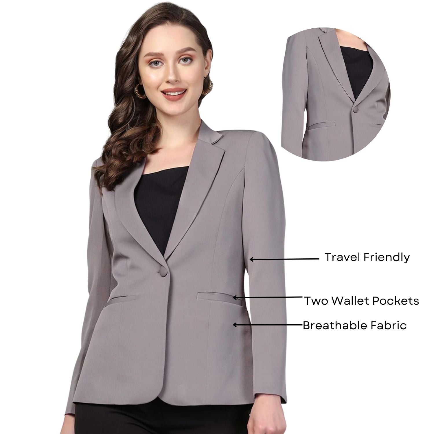 Notch Collar Stretch Blazer for Women - Comfortable Grey Office Jacket - Perfect for Business Meetings & Professional Workwear