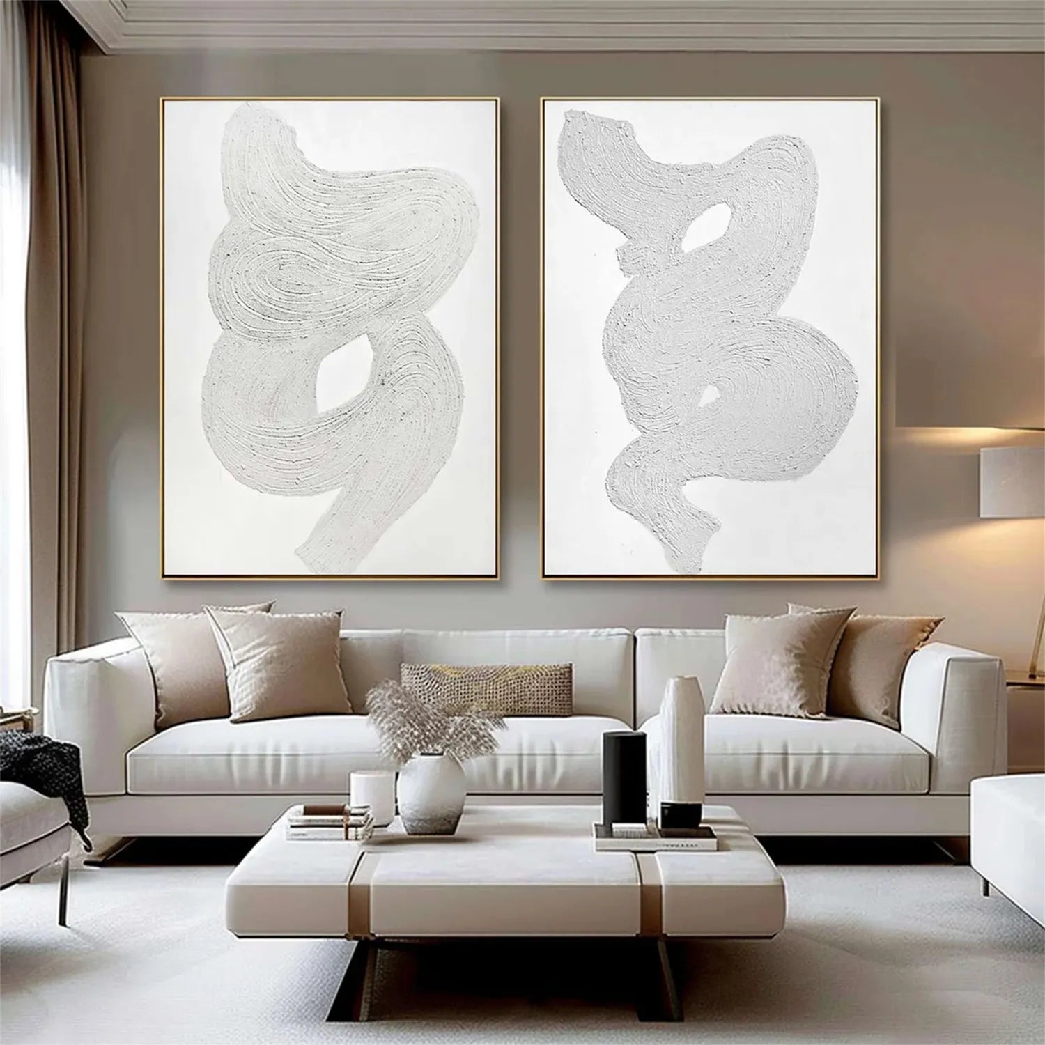 Modern White Minimalist Textured Wall Art - Set of 2 Abstract Canvas Paintings for Living Room & Bedroom Decor | MM276