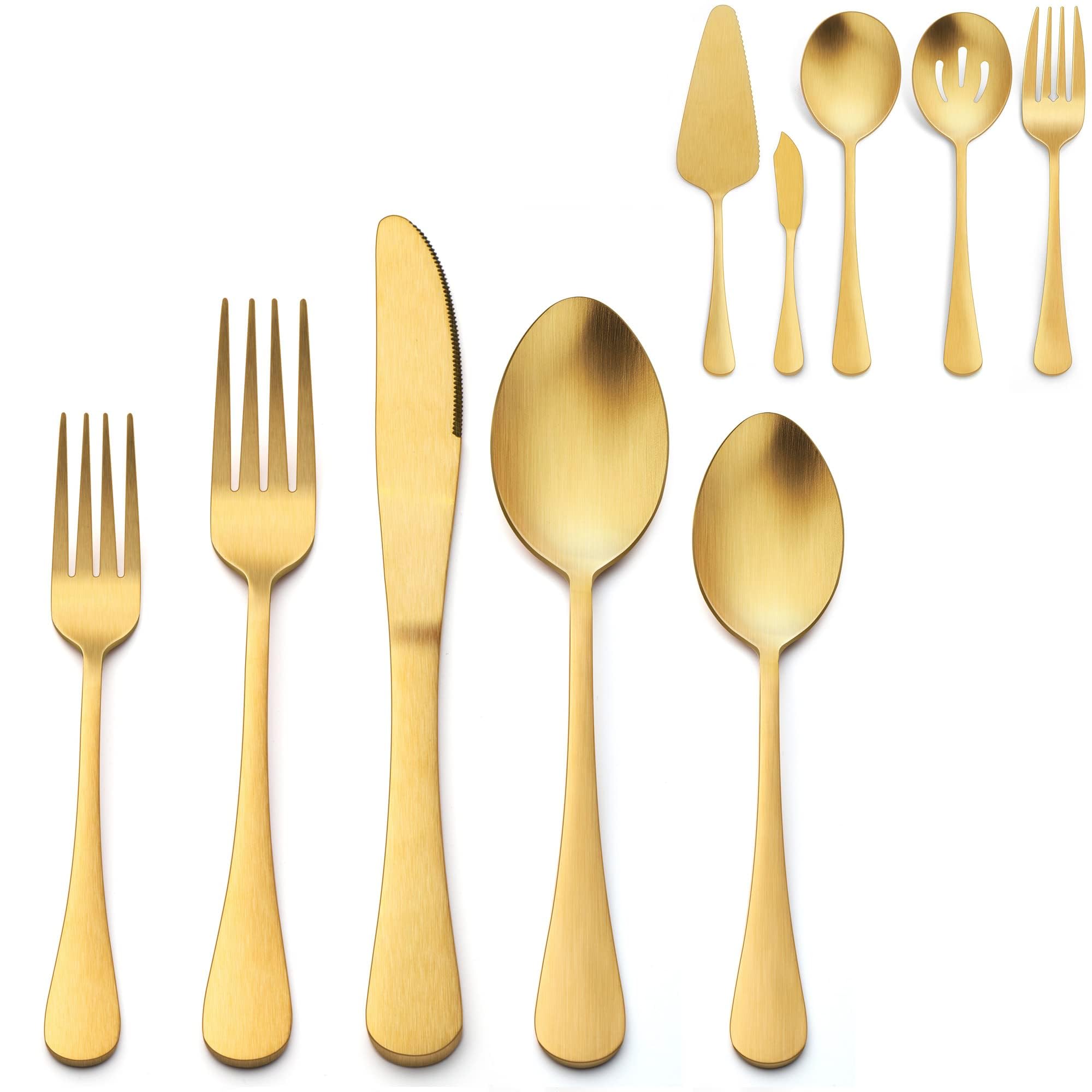 25-Piece Matte Gold Silverware Set with Serving Utensils - Stainless Steel Flatware Cutlery Set for 4 - Elegant Kitchen & Tableware for Home, Restaurant & Party - Satin Finish & Dishwasher Safe - Perfect for Dining, Entertaining & Special Occasions